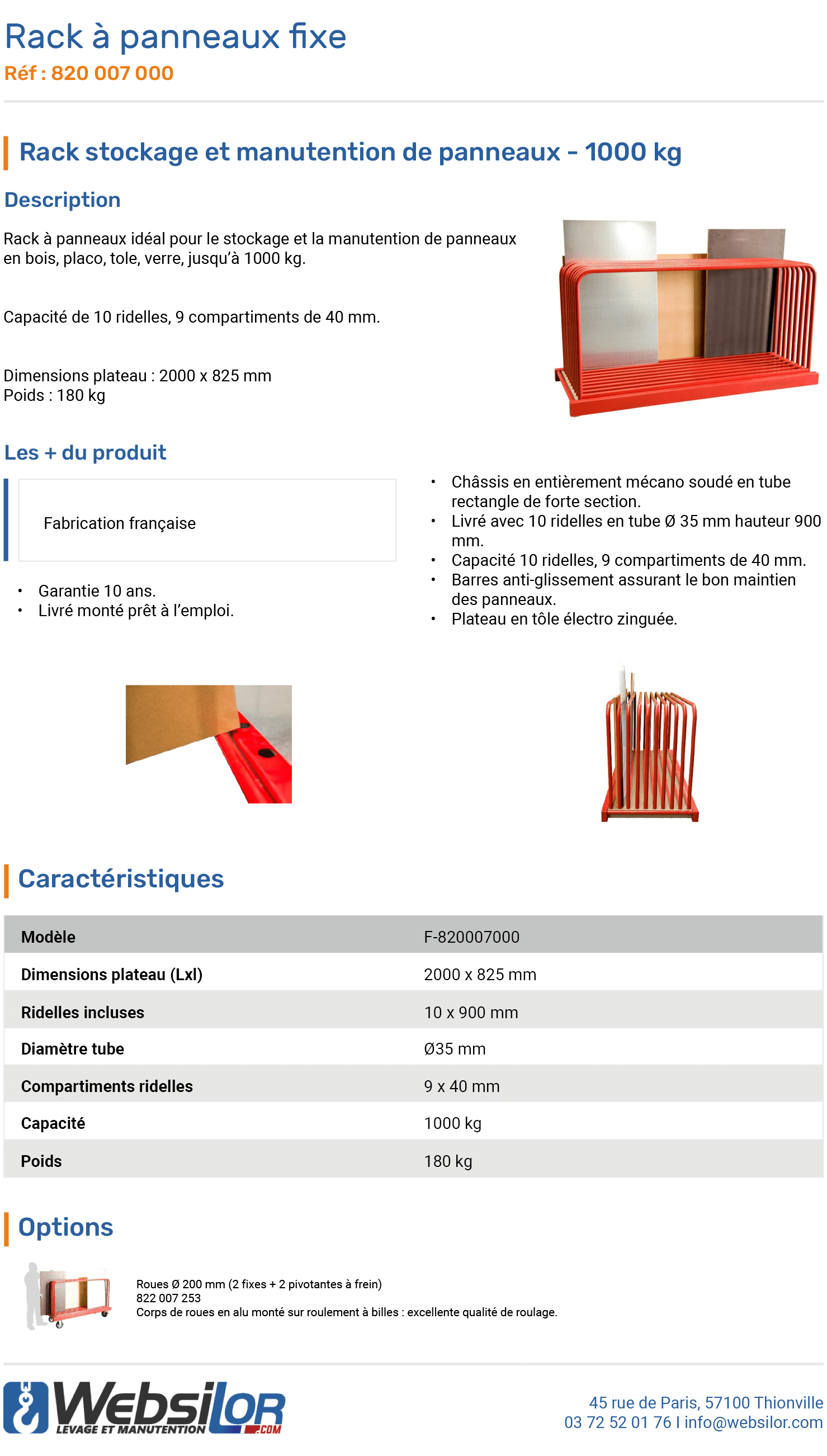Informations techniques Rack à panneaux 10 ridelles - 1000 kg