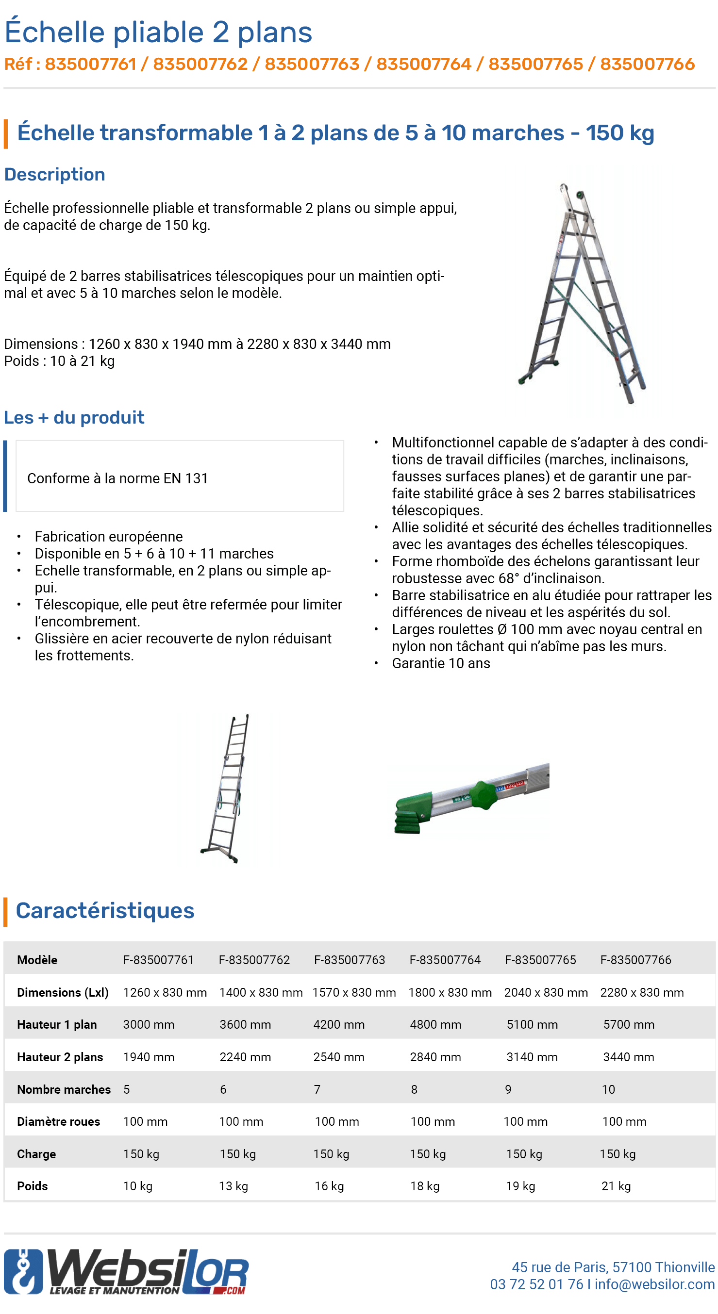 Informations techniques Échelle pliable 2 plans 150 kg