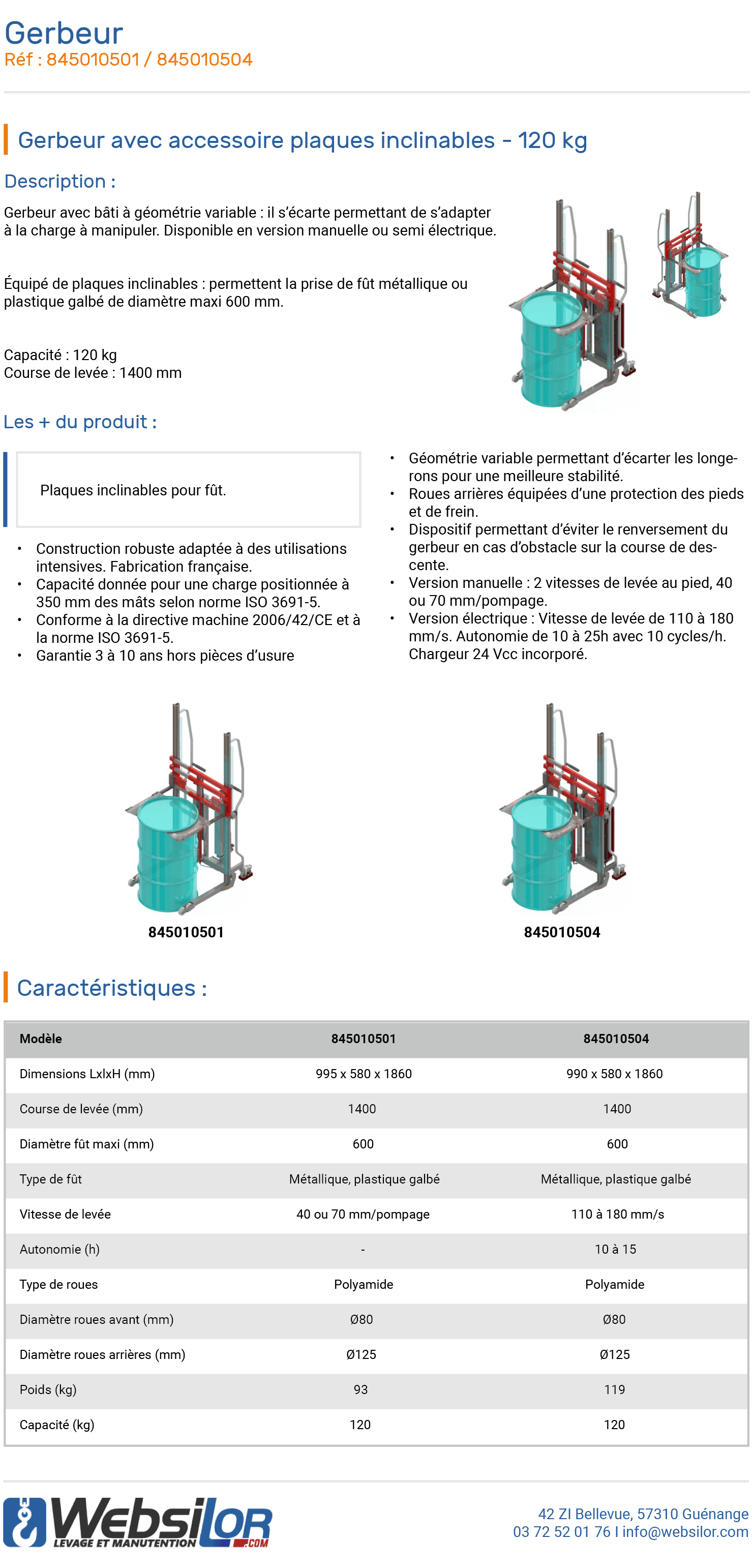 Informations techniques Gerbeur manuel avec accessoire plaques inclinables - 120 kg