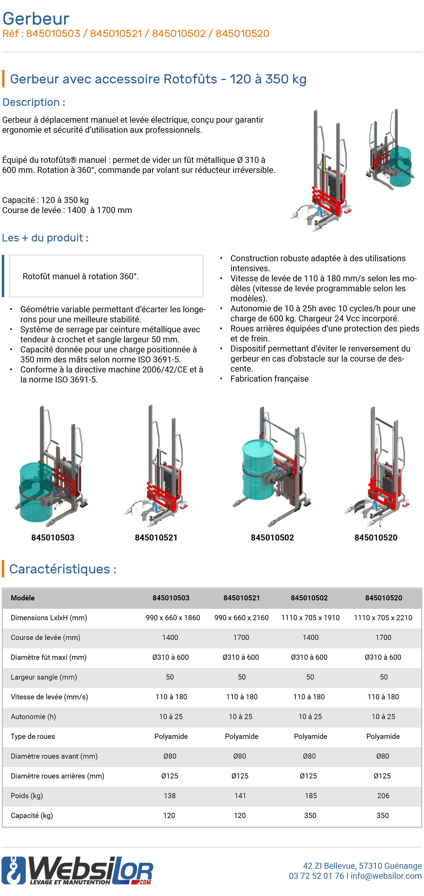Informations technique de Gerbeur avec accessoire Rotofûts - 120 à 350 kg