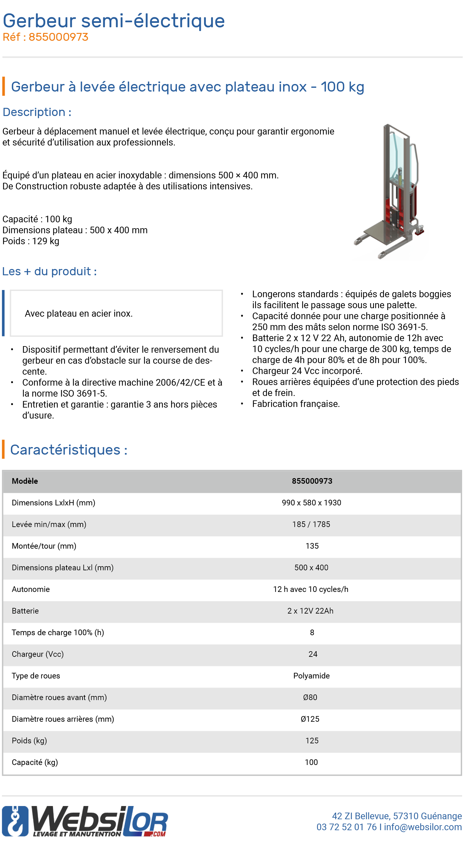 Informations technique de Gerbeur à levée électrique avec plateau inox - 100 kg