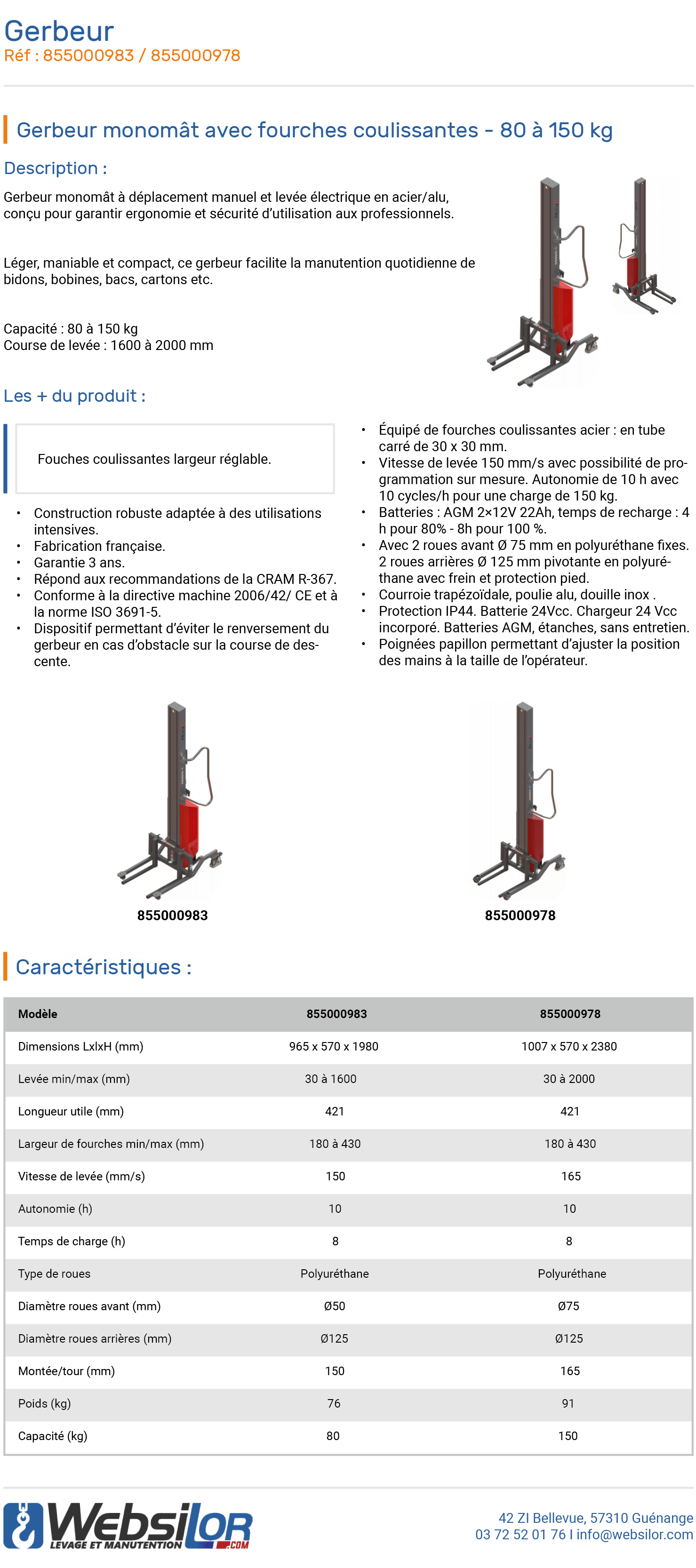 Informations technique de Gerbeur monomât avec fourches coulissantes - 80 à 150 kg