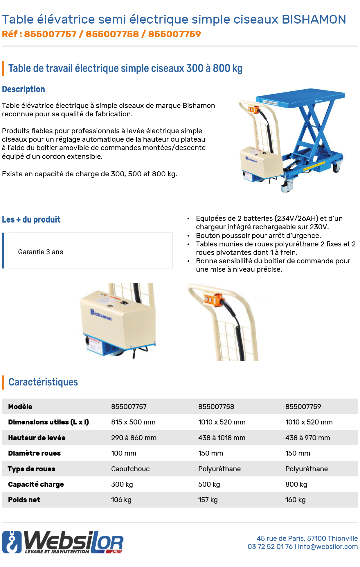 Informations techniques Table élévatrice mobile semi-électrique simple ciseaux BISHAMON 300 à 800 kg
