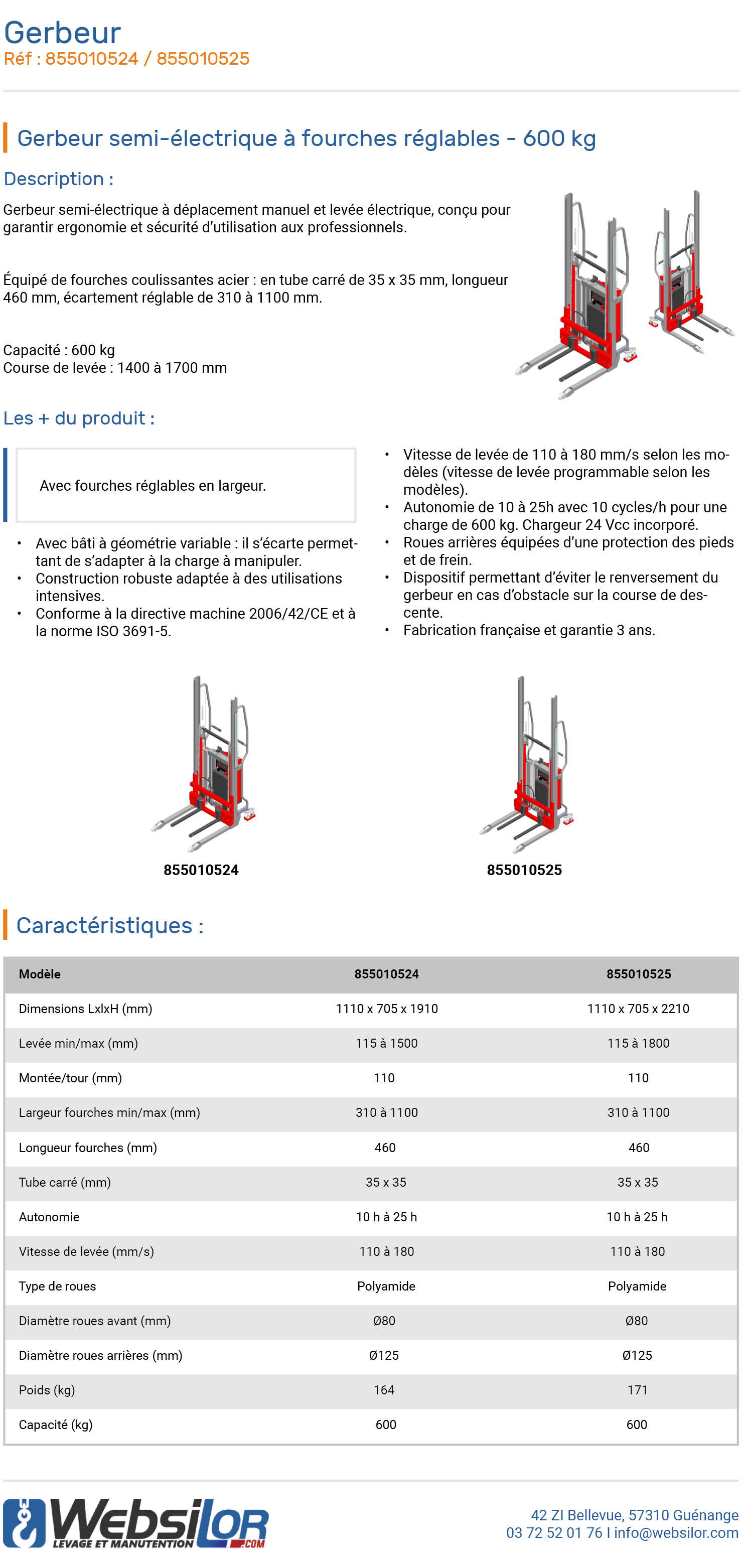 Informations techniques Gerbeur semi électrique à fourches réglables - 600 kg