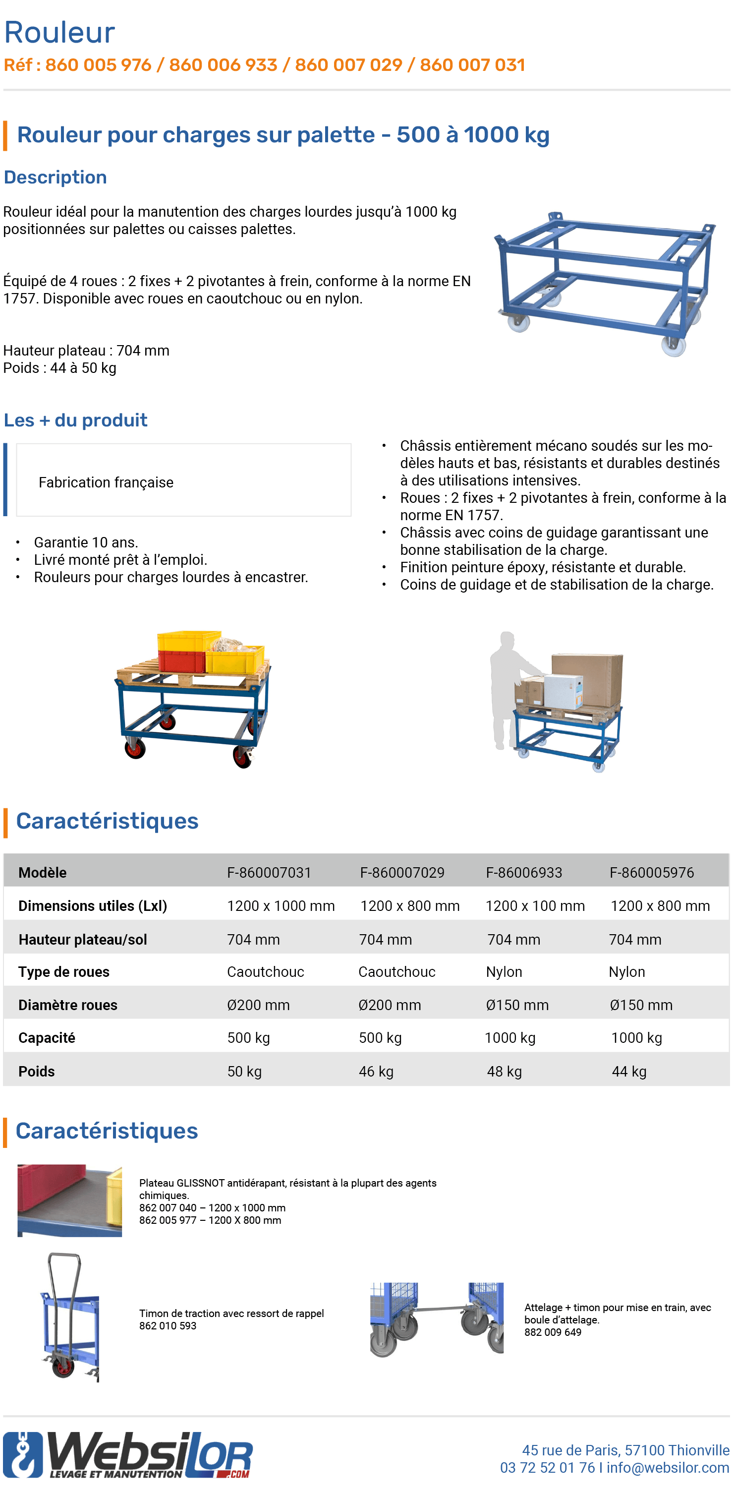 Informations technique de Rouleur pour charges lourdes roues nylon - 1000 kg