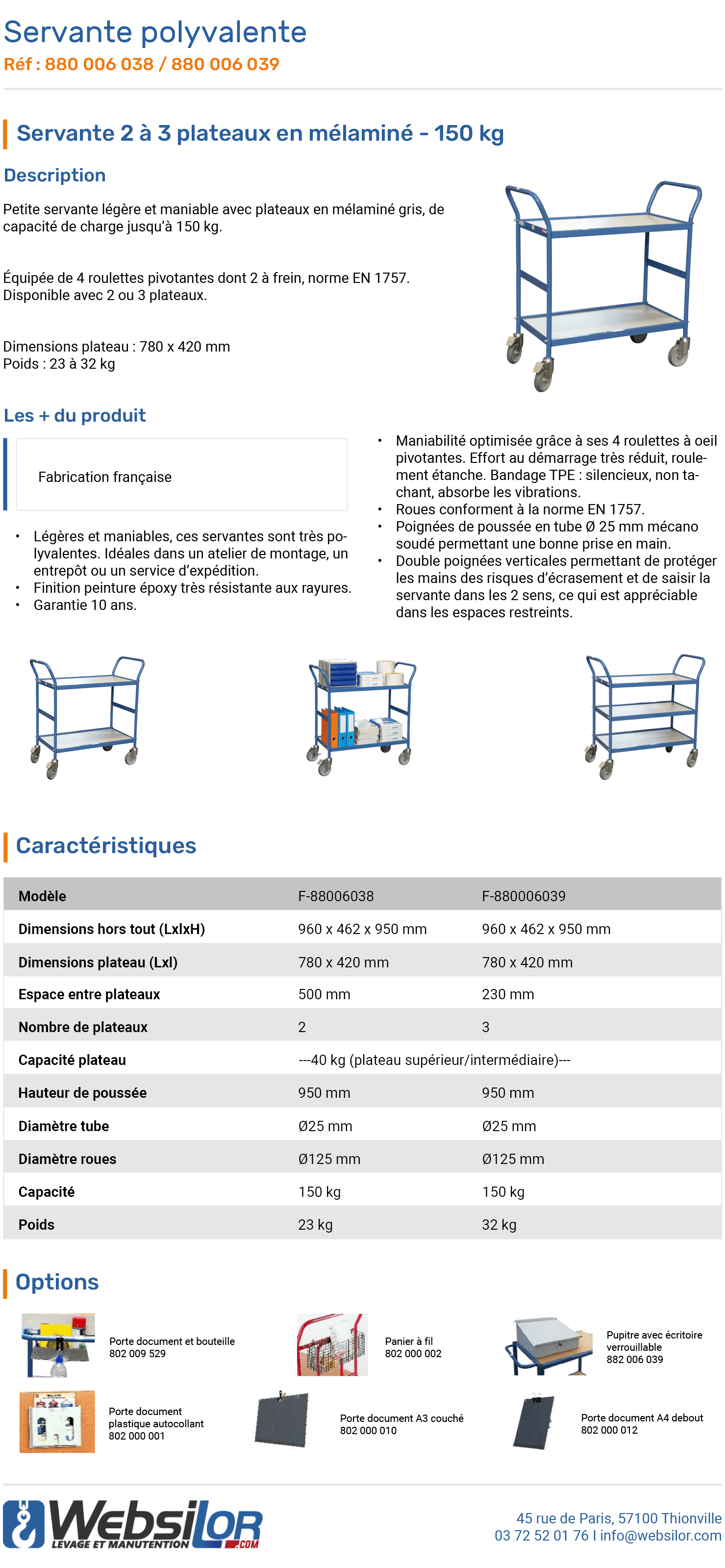 Informations technique de Chariot 2 plateaux bois gris - 150 kg