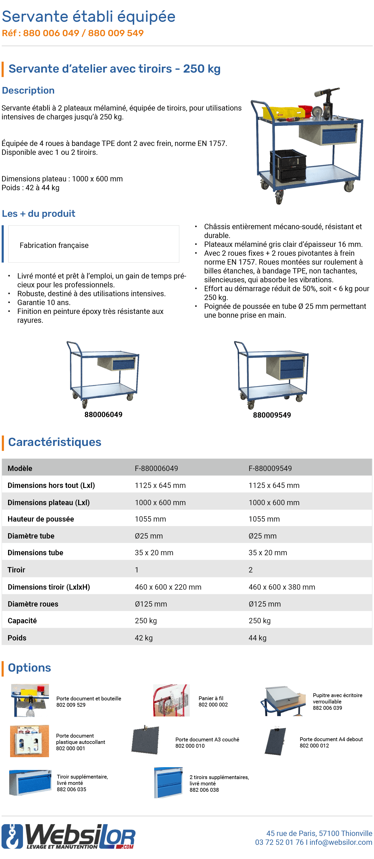 Informations technique de Servante établi à 2 tiroirs - 250 kg