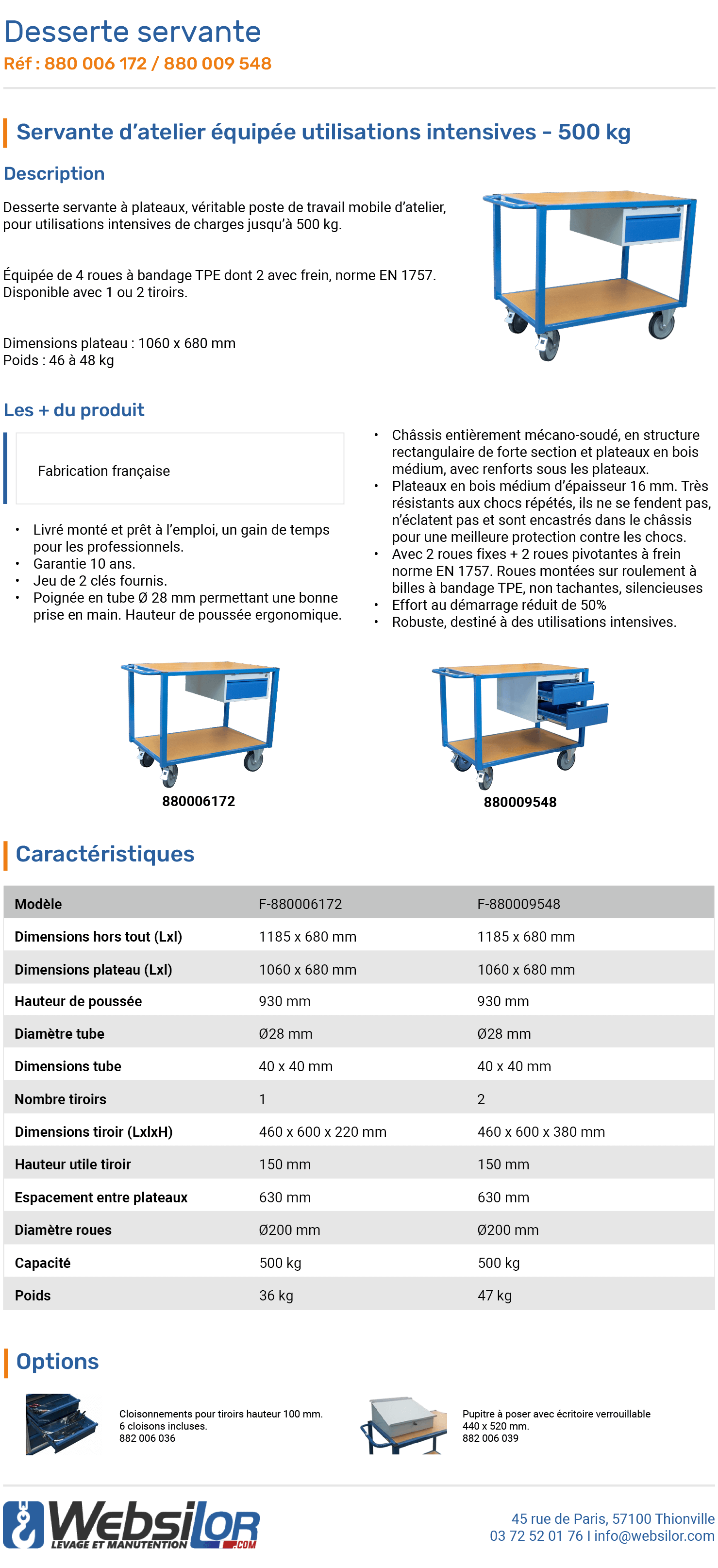 Informations technique de Servante établi 2 plateaux et 1 tiroir- 500 kg
