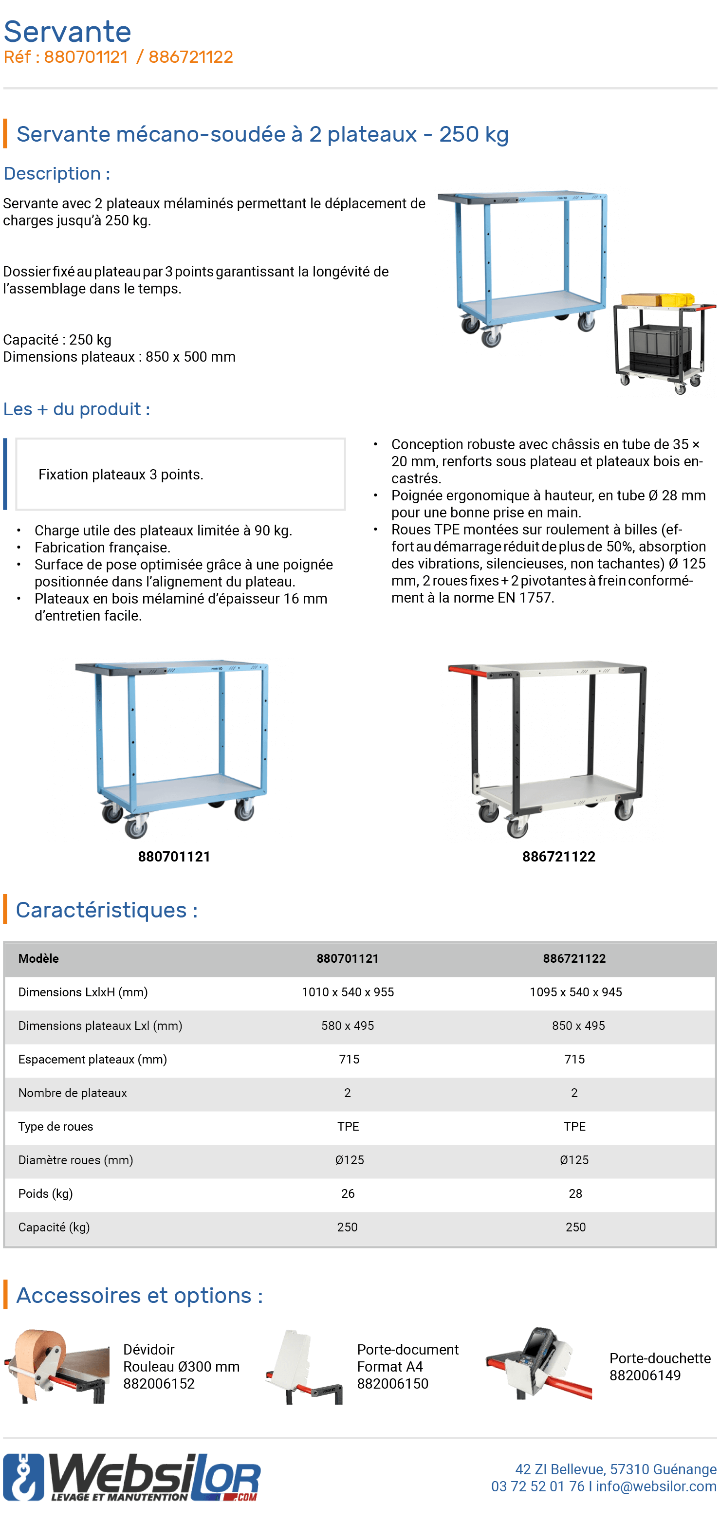 Informations technique de Servante 2 plateaux bois avec poignée haute - 250 kg