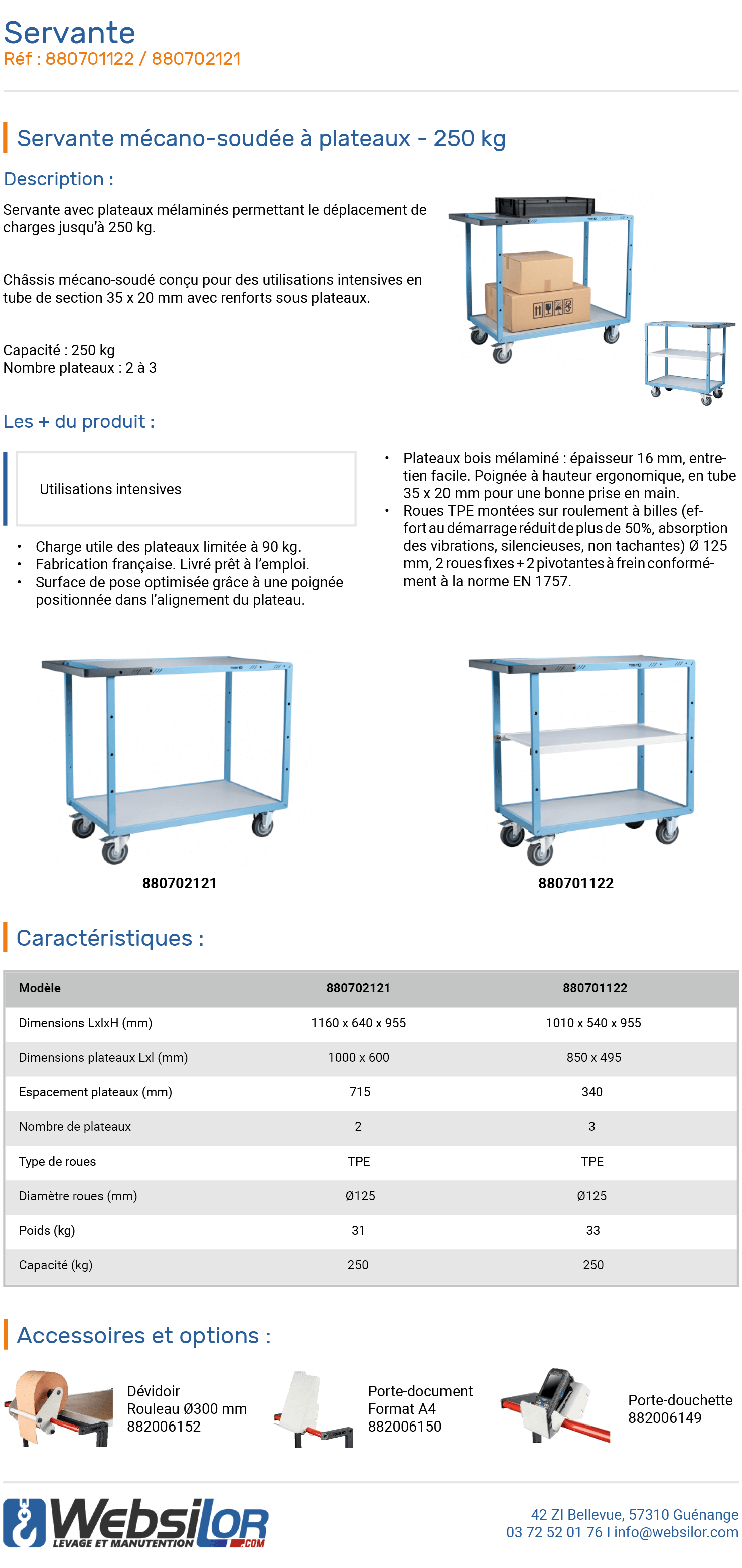 Informations techniques Servante 3 plateaux bois et poignée - 250 kg