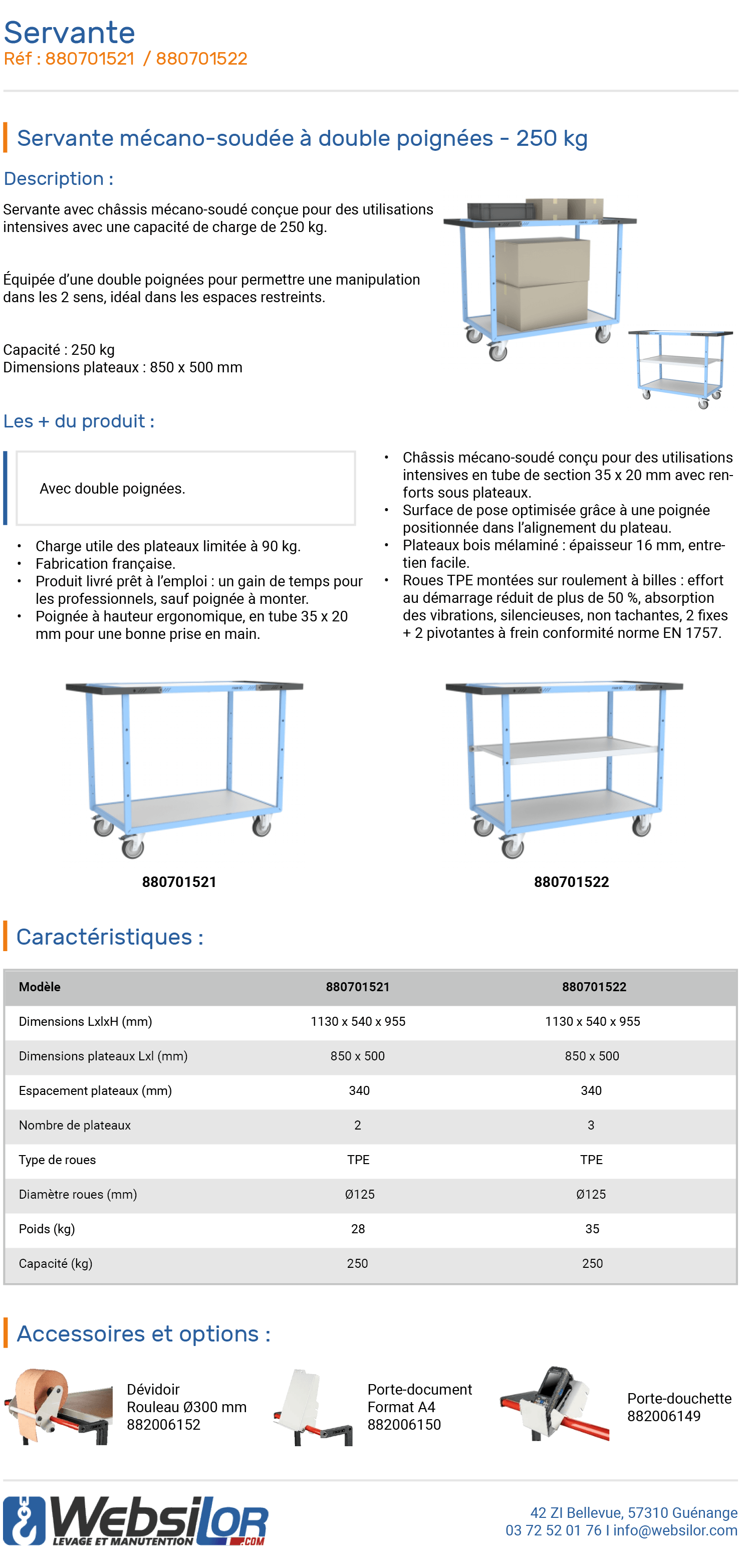 Informations technique de Servante 3 plateaux bois gris - 250 kg