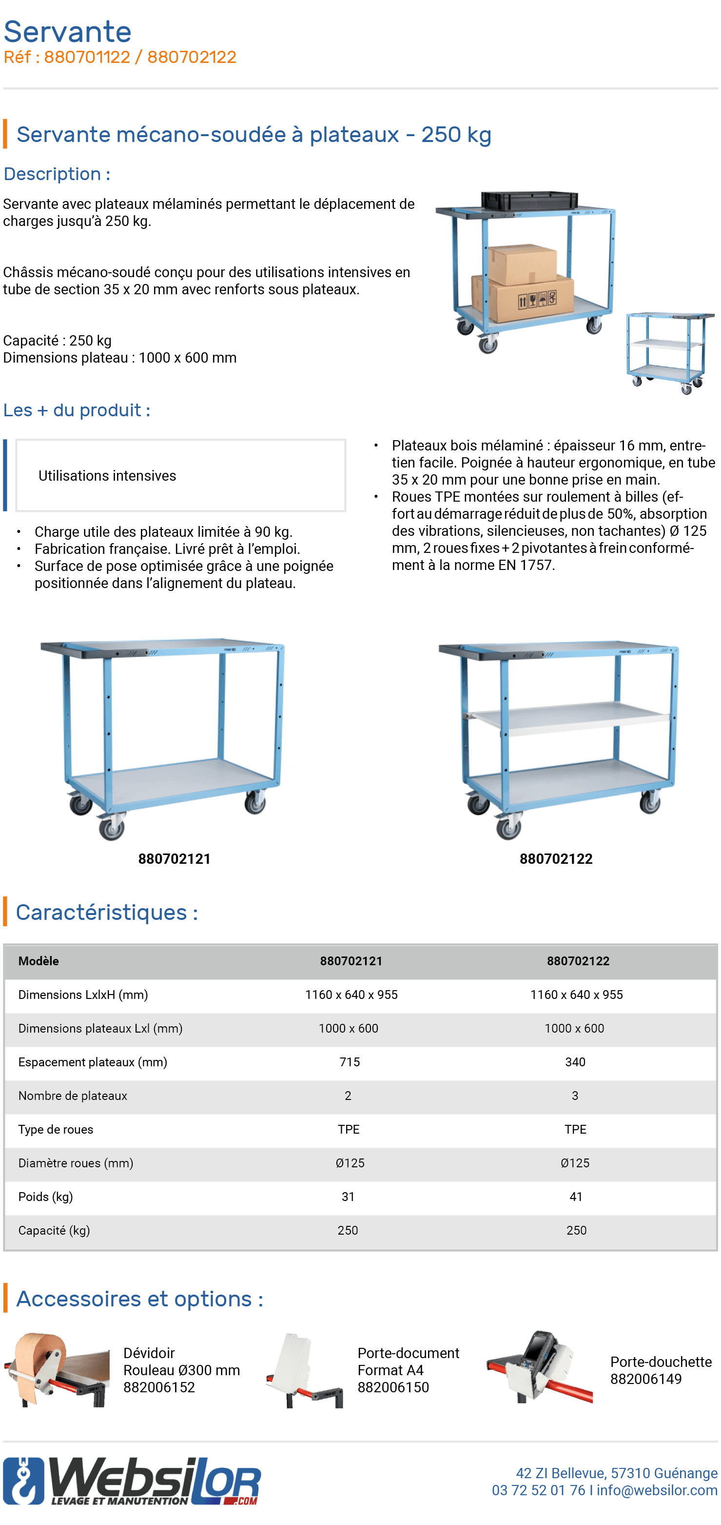 Informations techniques Servante 3 longs plateaux bois et poignée - 250 kg