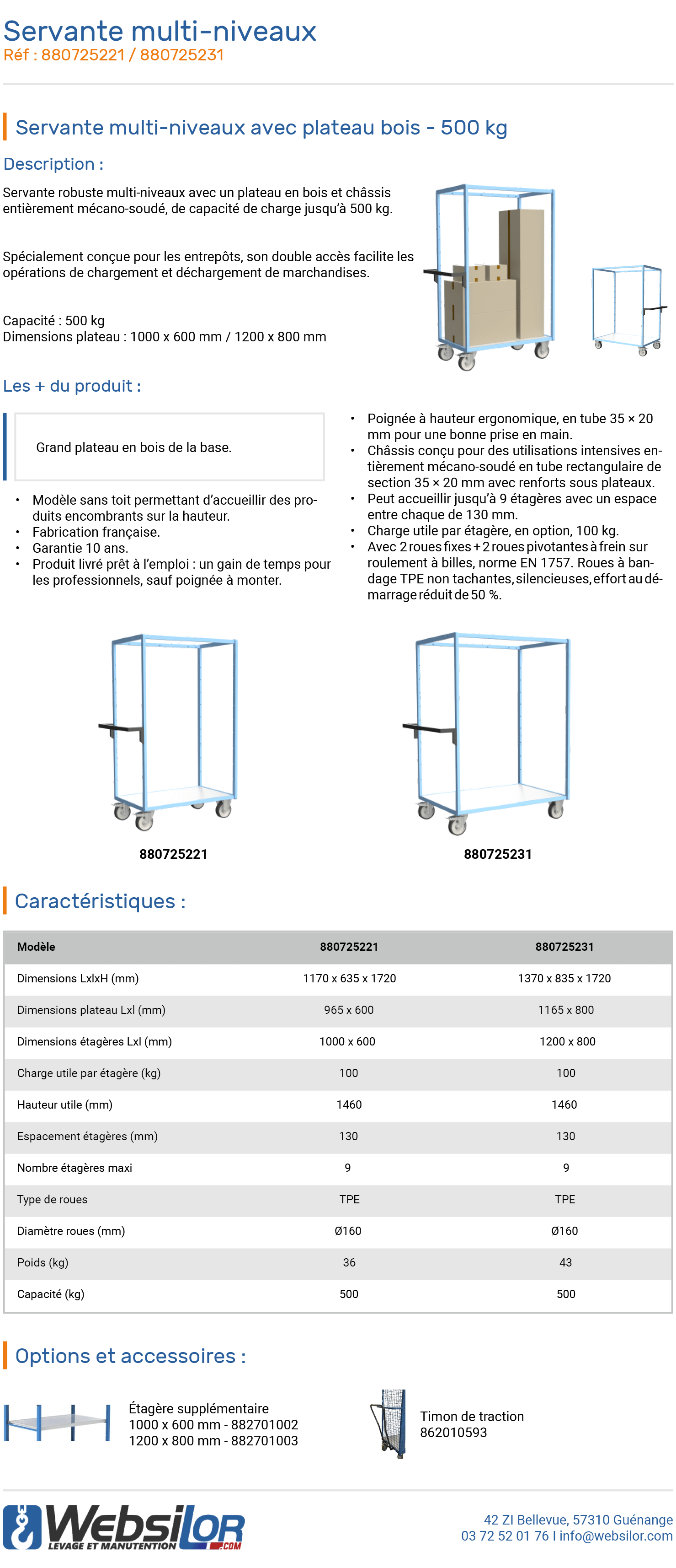Informations technique de Servante multi-niveaux plateau bois - 500 kg