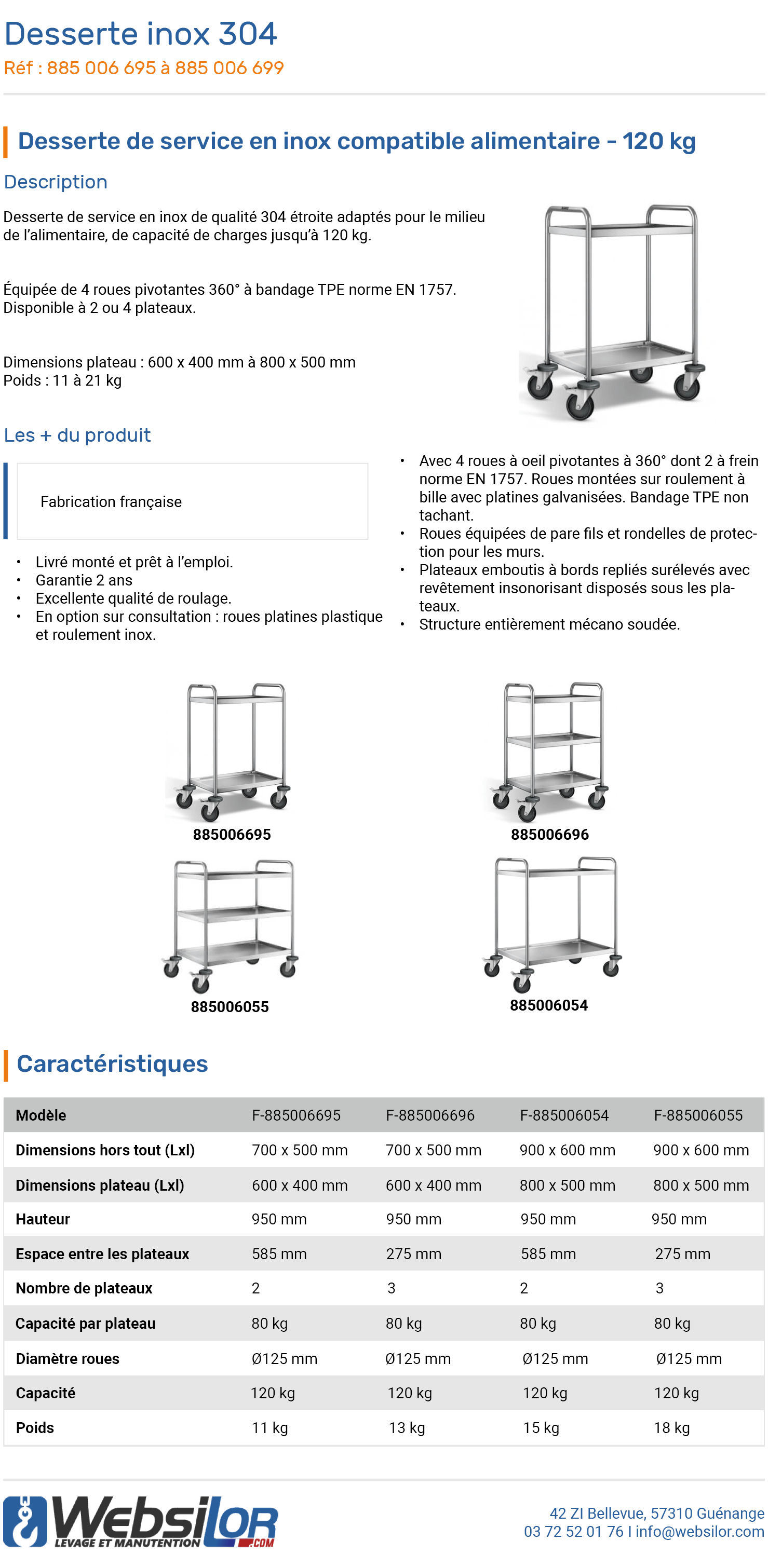 Informations techniques Servante en inox 304 - 2 plateaux - 120 kg