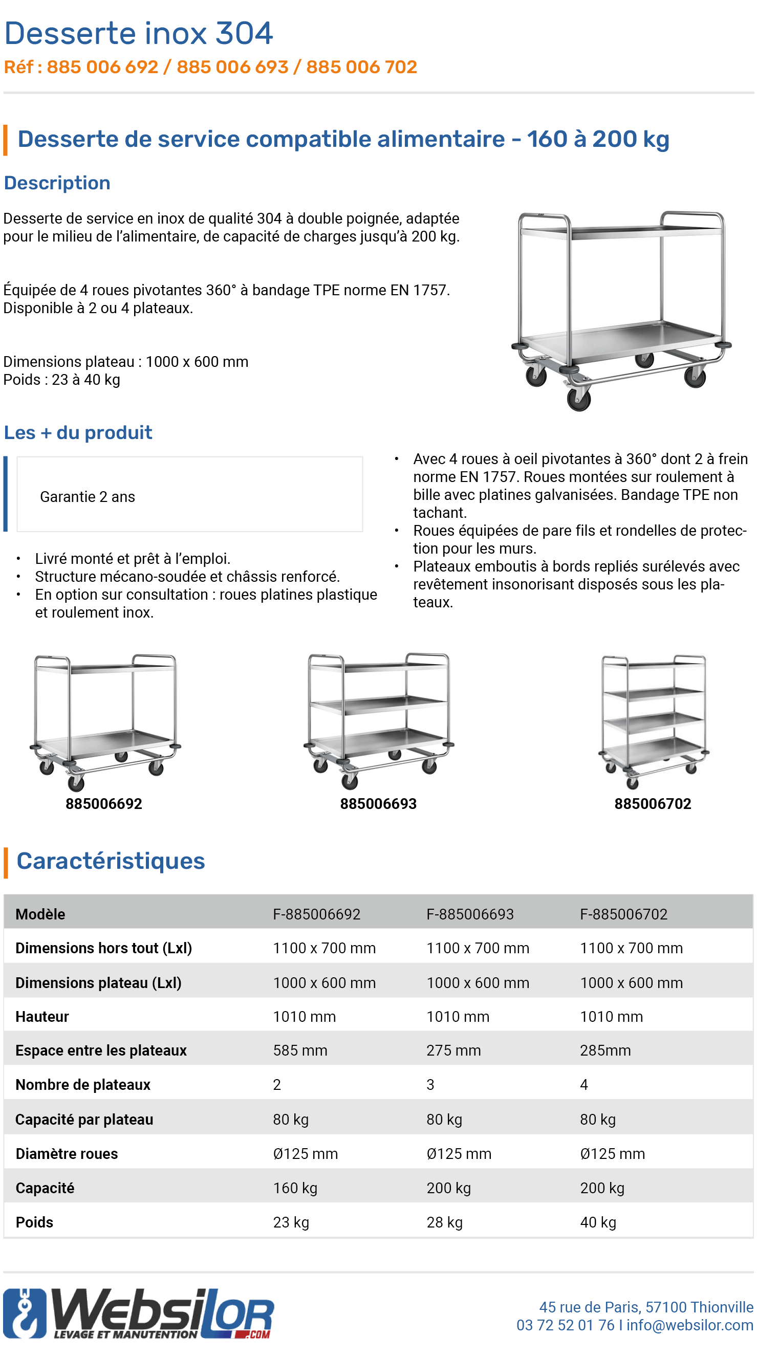 Informations techniques Servante en inox 304 - 2 plateaux - 160 kg