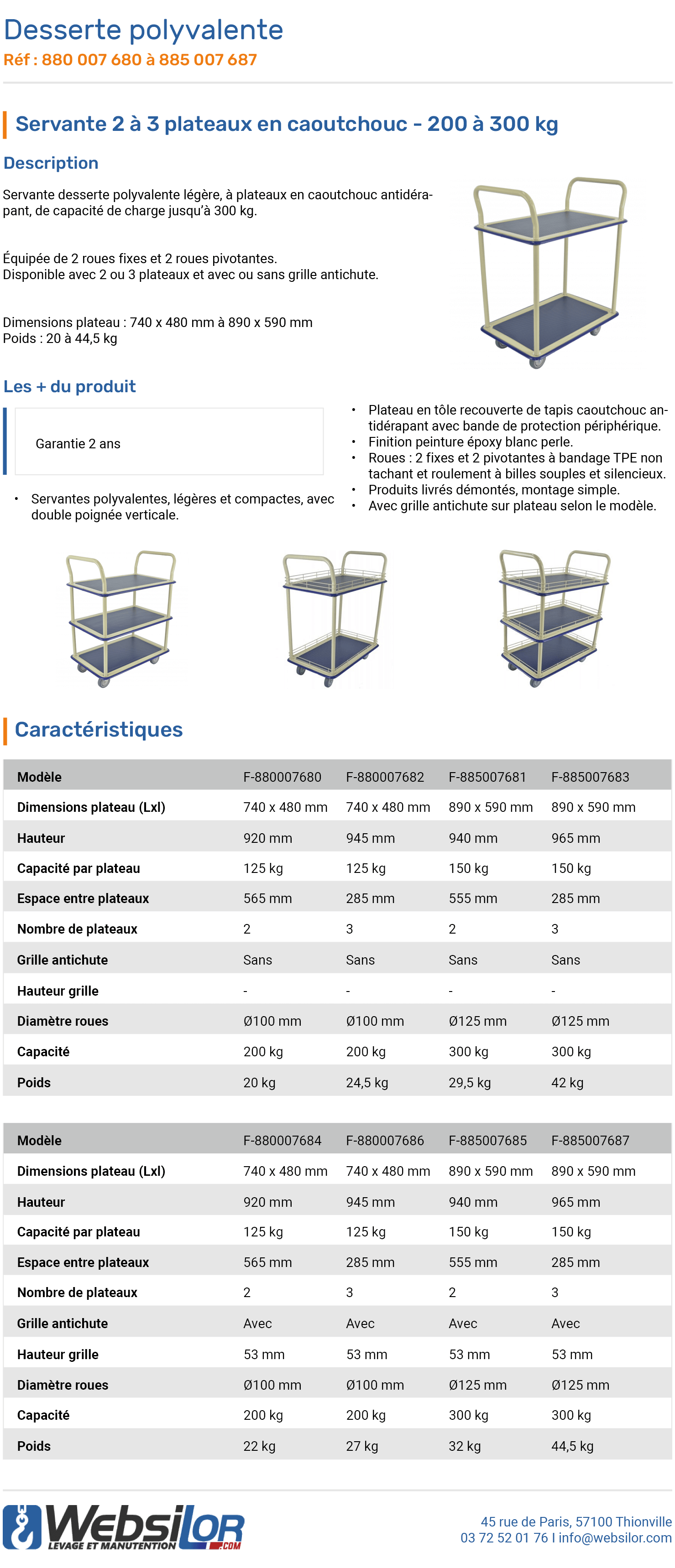 Informations technique de Servante 3 plateaux antidérapants - 300 kg