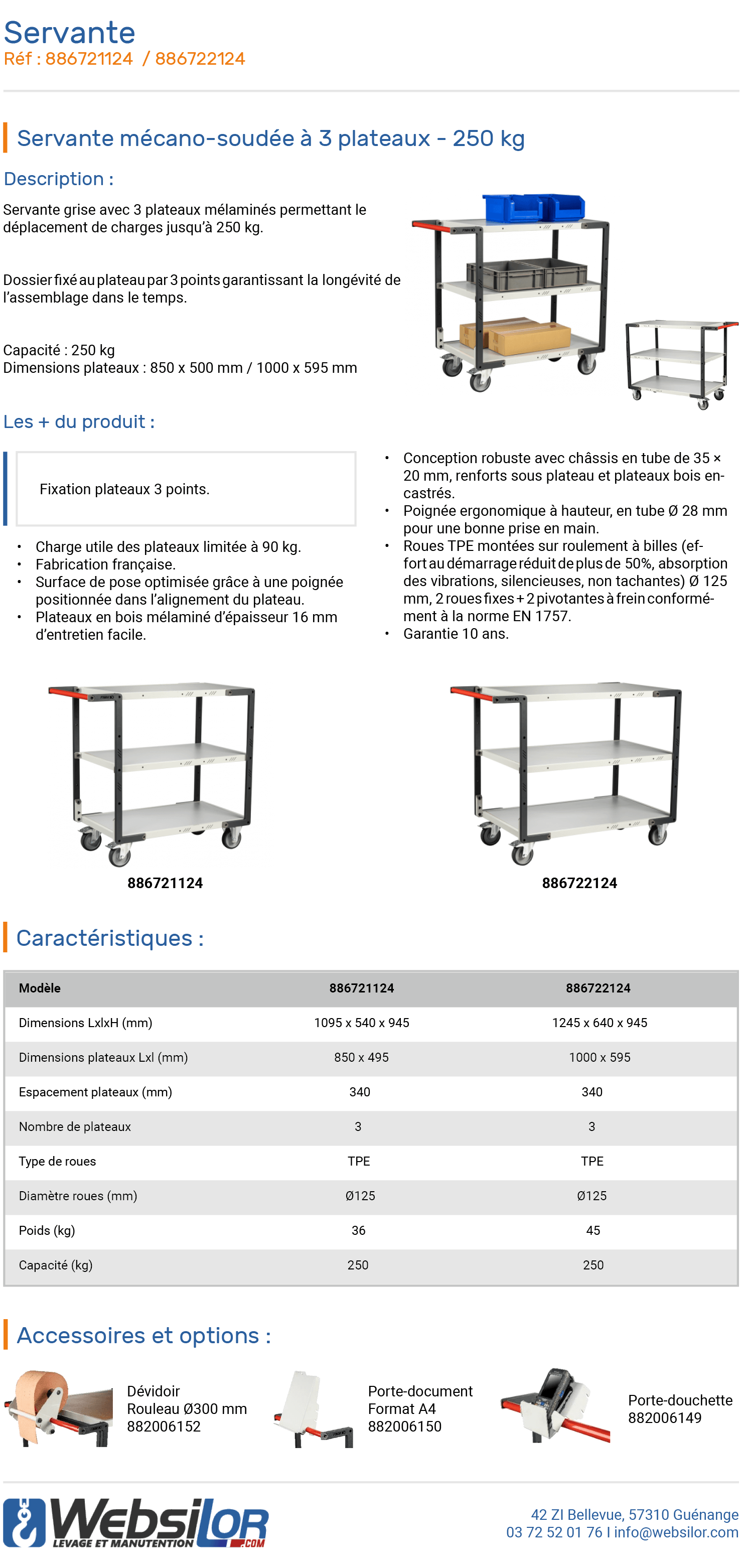 Informations technique de Servante grise 3 grands plateaux - 250 kg