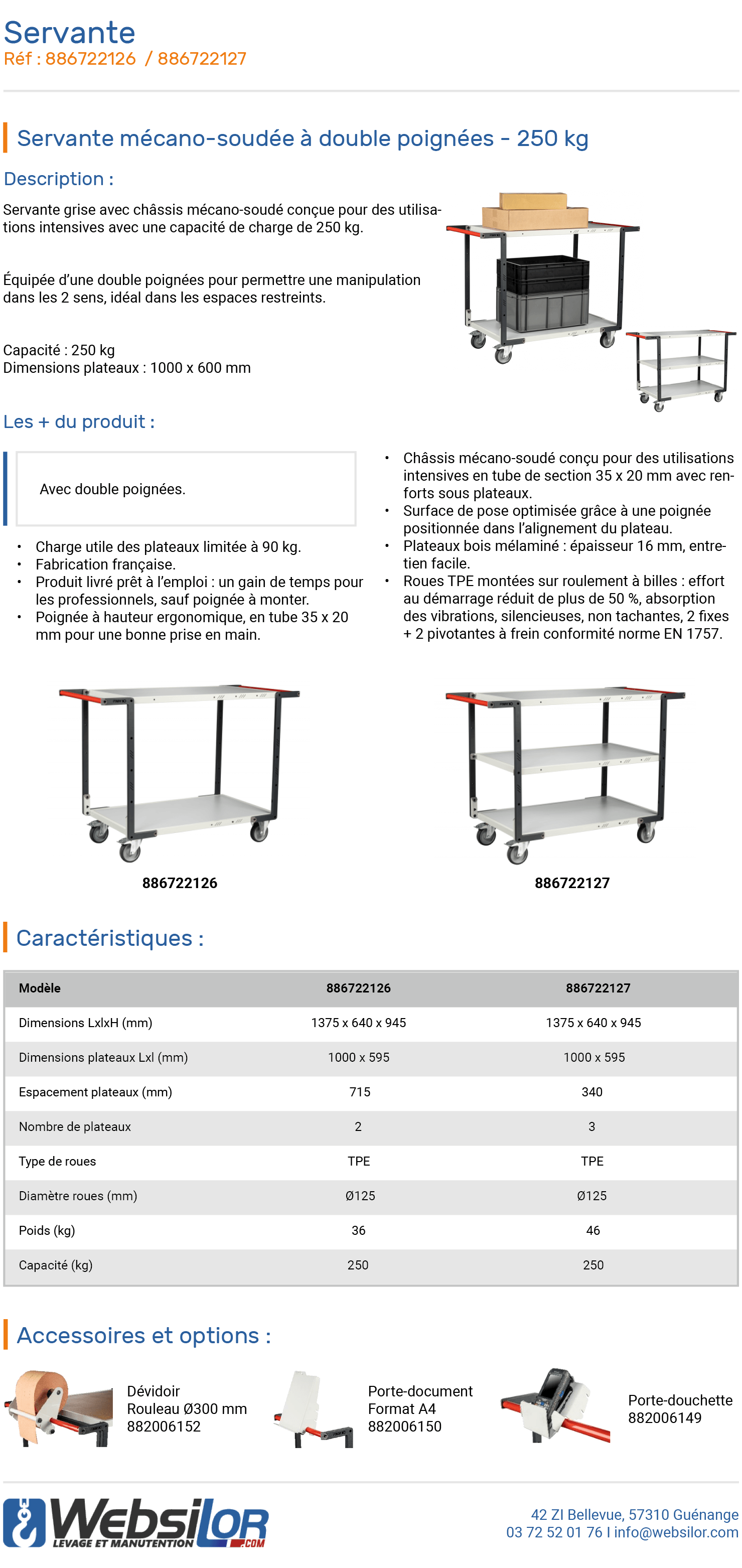 Informations technique de Servante 2 longs plateaux bois gris - 250 kg