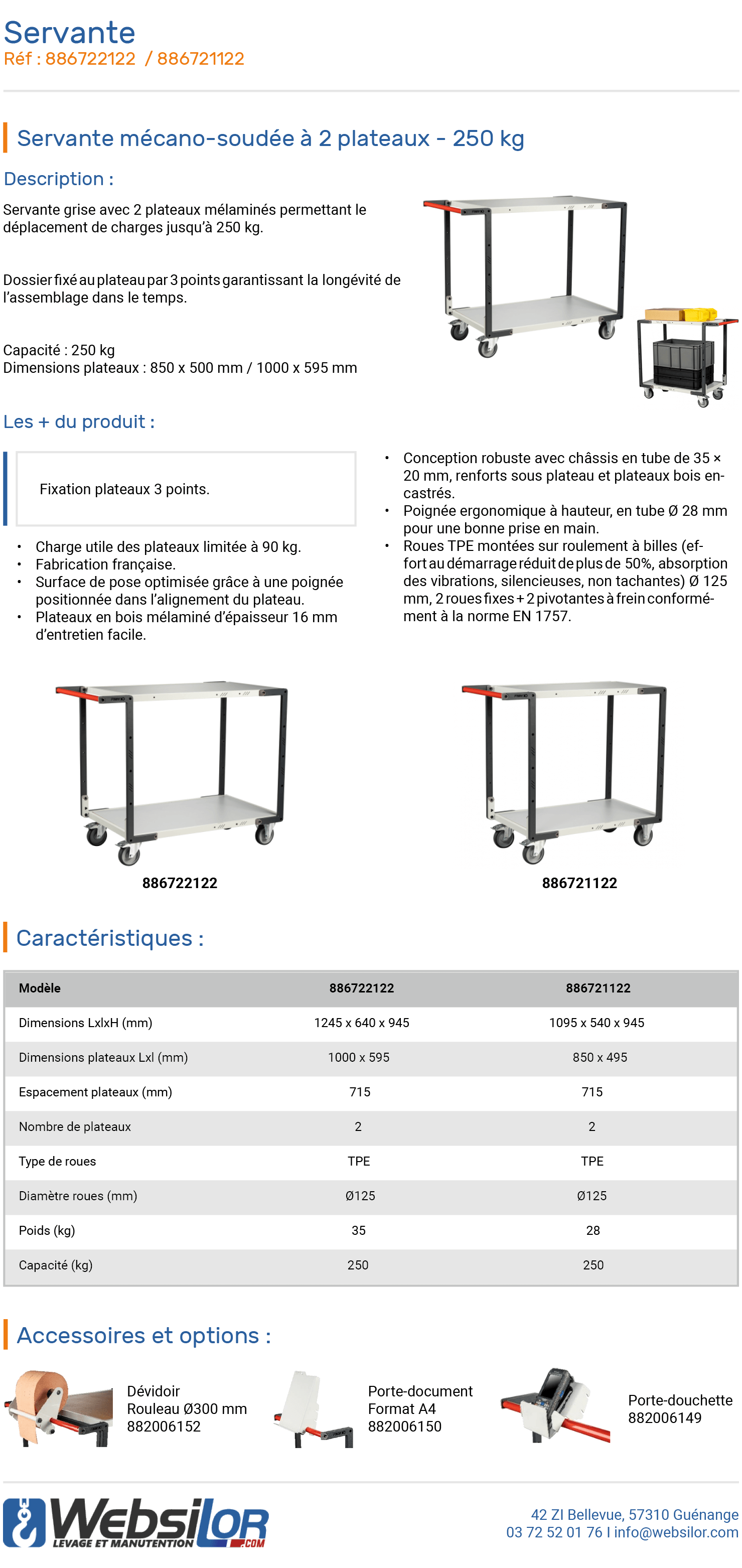Informations technique de Servante 2 grands plateaux gris avec poignée - 250 kg