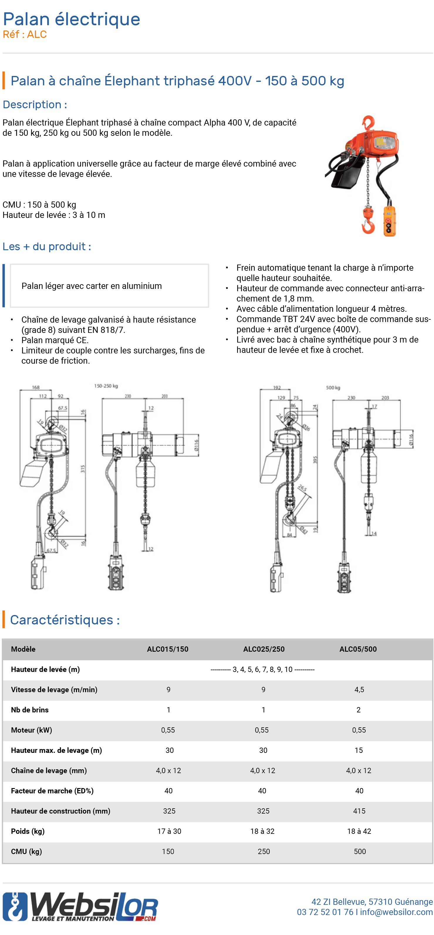 Informations technique de Petit palan électrique triphasé Elephant - 150 à 500 kg
