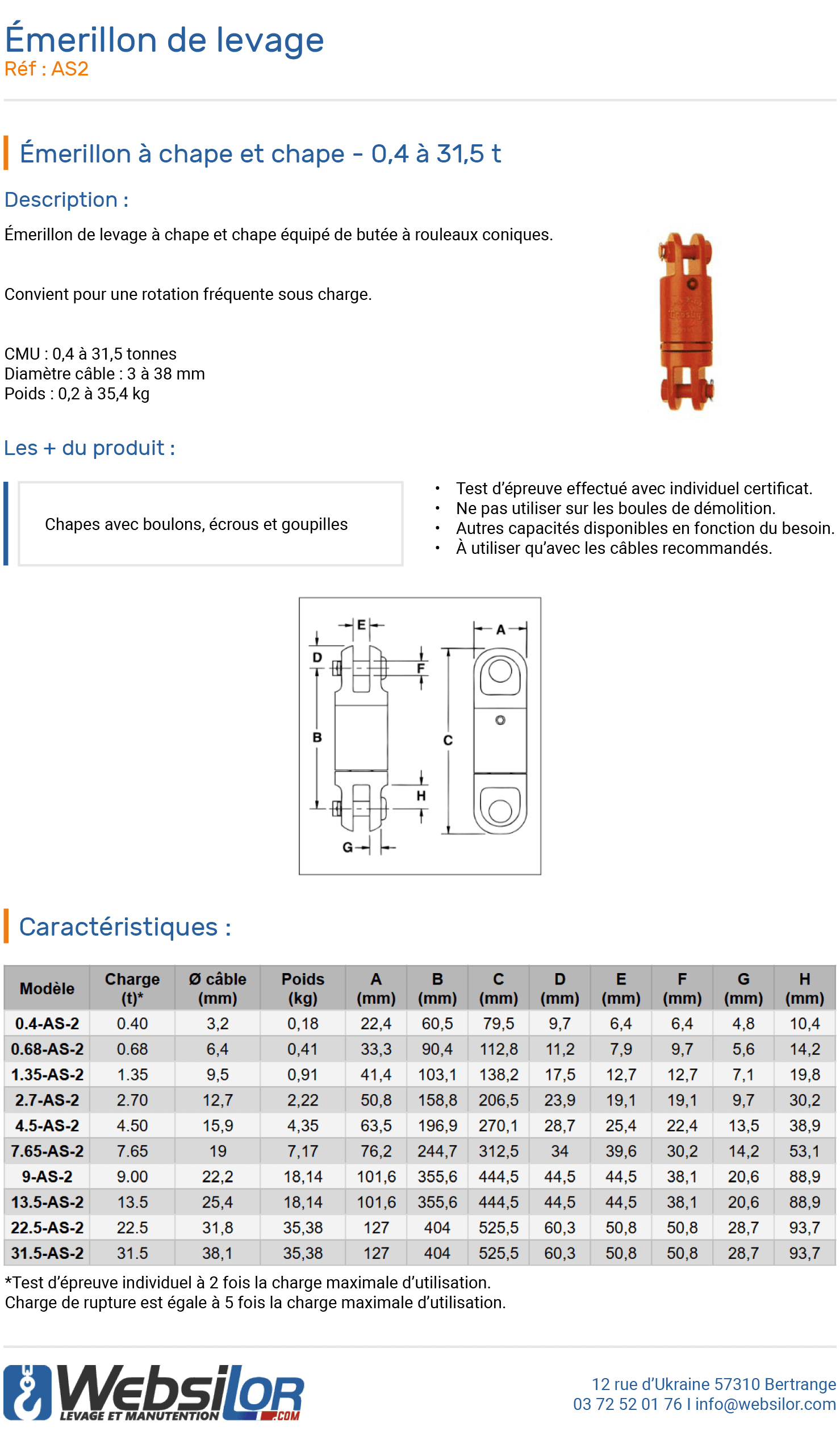 Informations technique de Emerillon chape et chape - 2700 kg