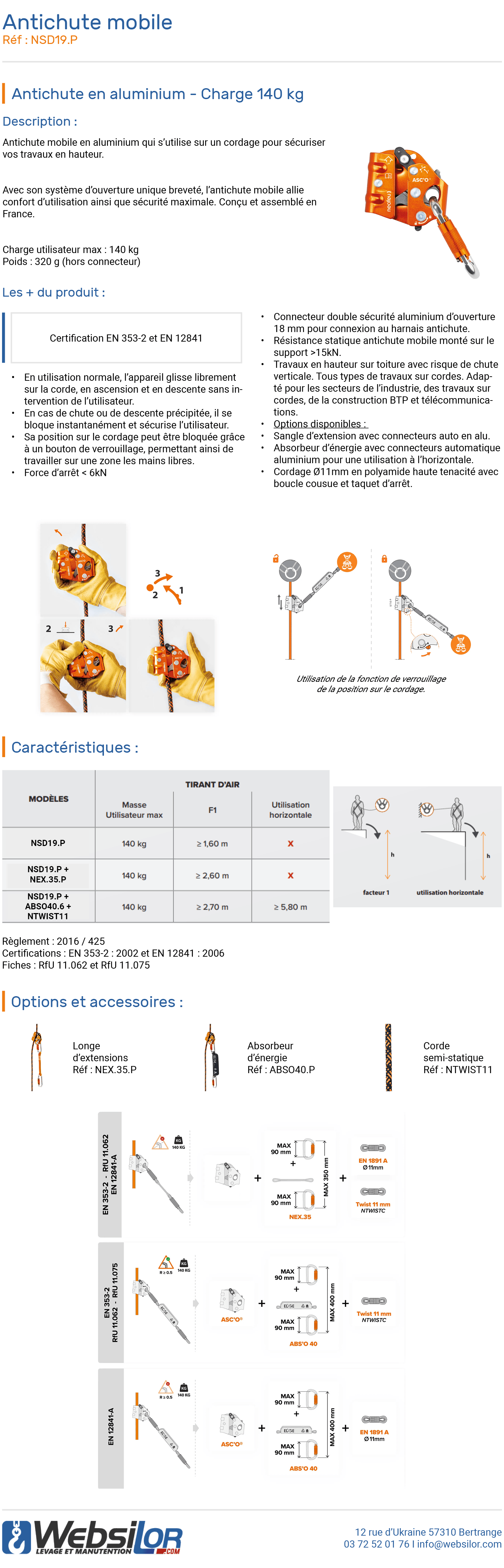 Informations techniques Antichute mobile aluminium sur cordage