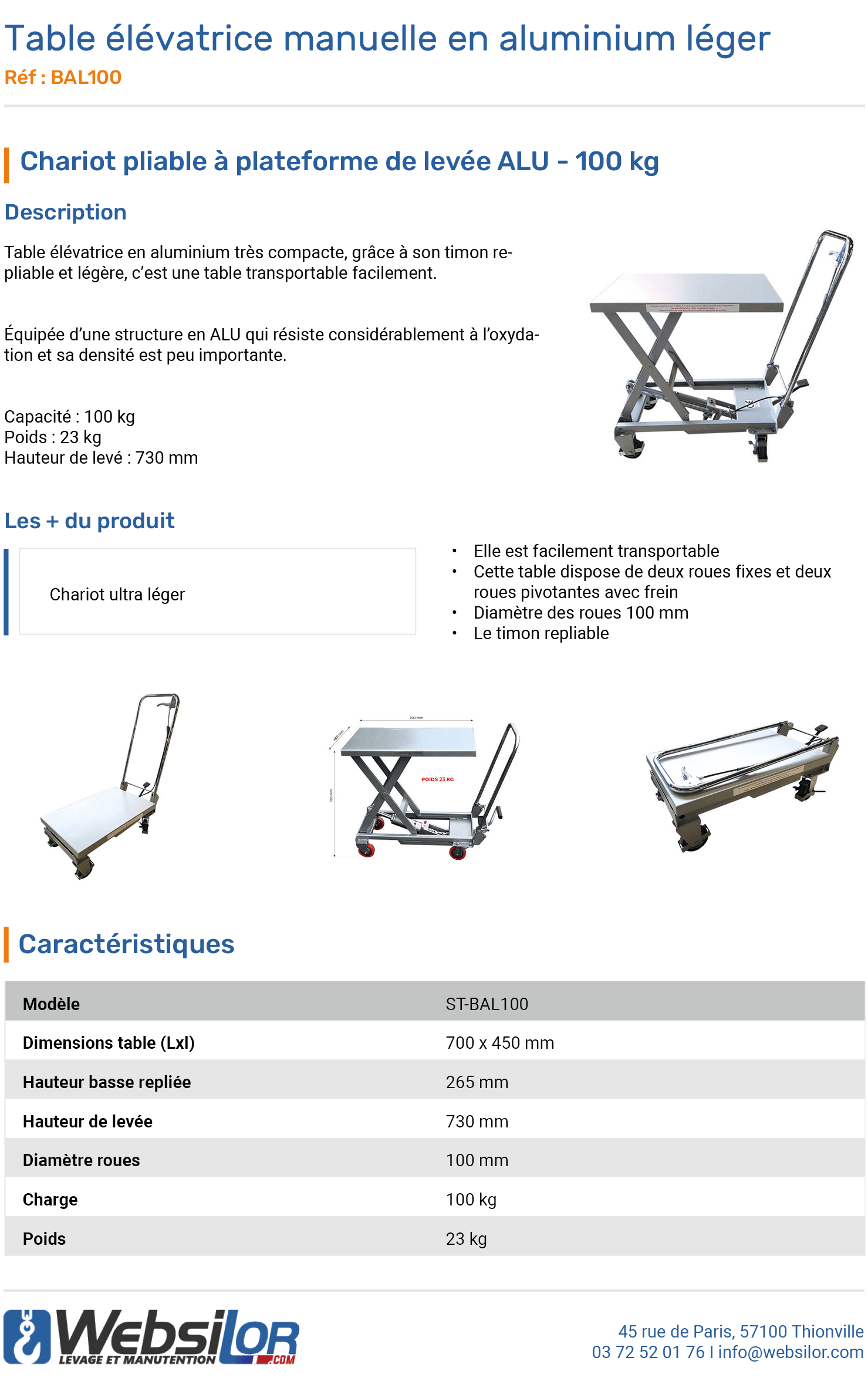 Informations techniques Table élévatrice manuelle ALU 100 kg