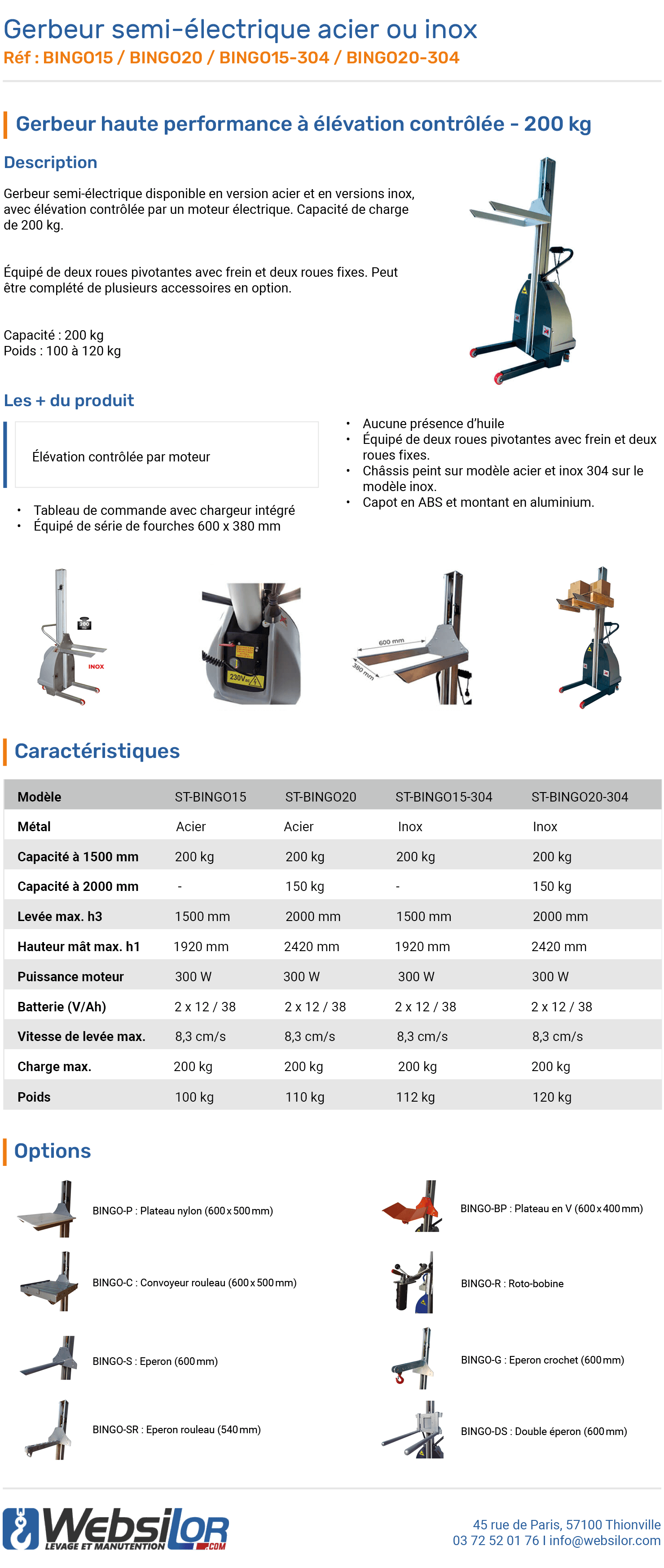Informations techniques Gerbeur semi-électrique élévation contrôlée 200 kg