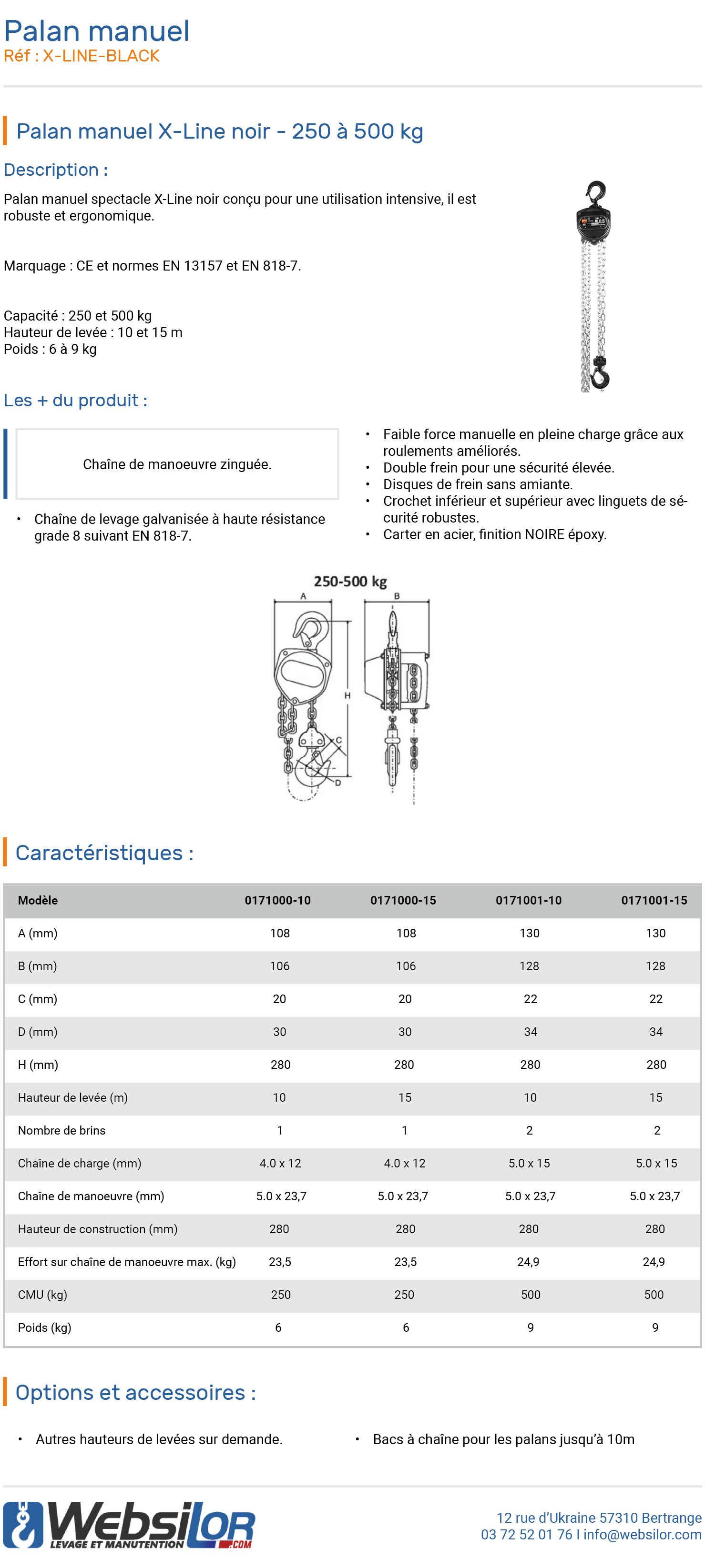 Informations techniques Palan manuel X-line noir - 250 à 500 kg