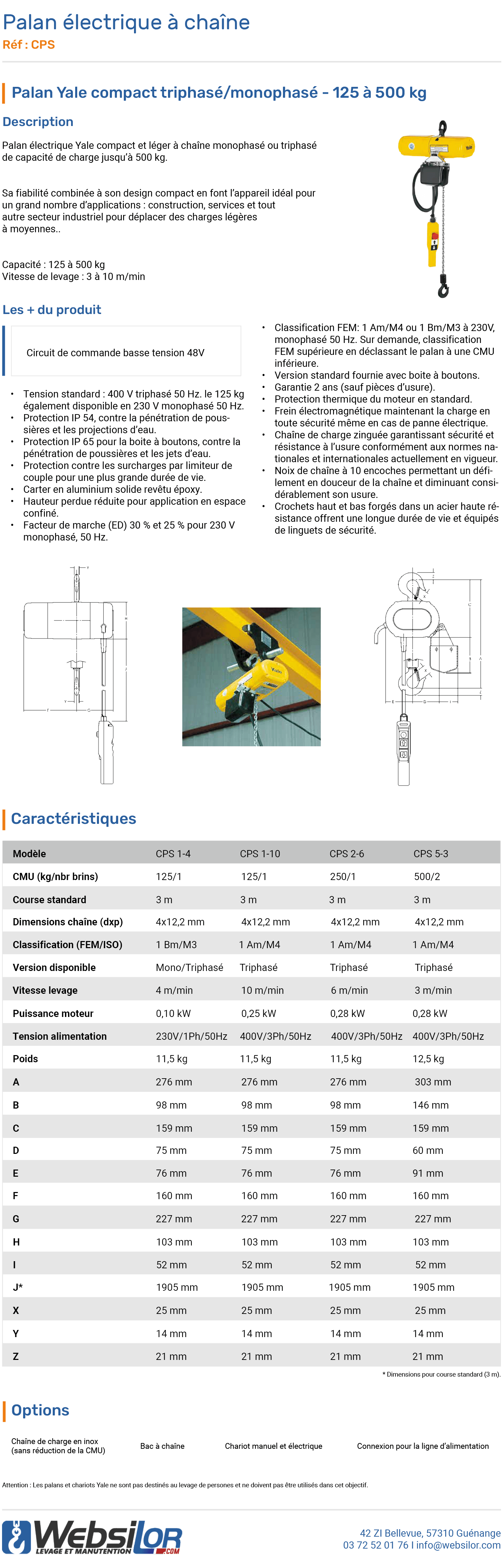 Informations techniques Palan électrique à chaîne Yale triphasé et compact - 125 à 500 kg