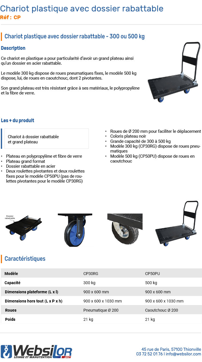 Informations technique de Chariot plastique avec dossier rabattable 300 et 500 kg