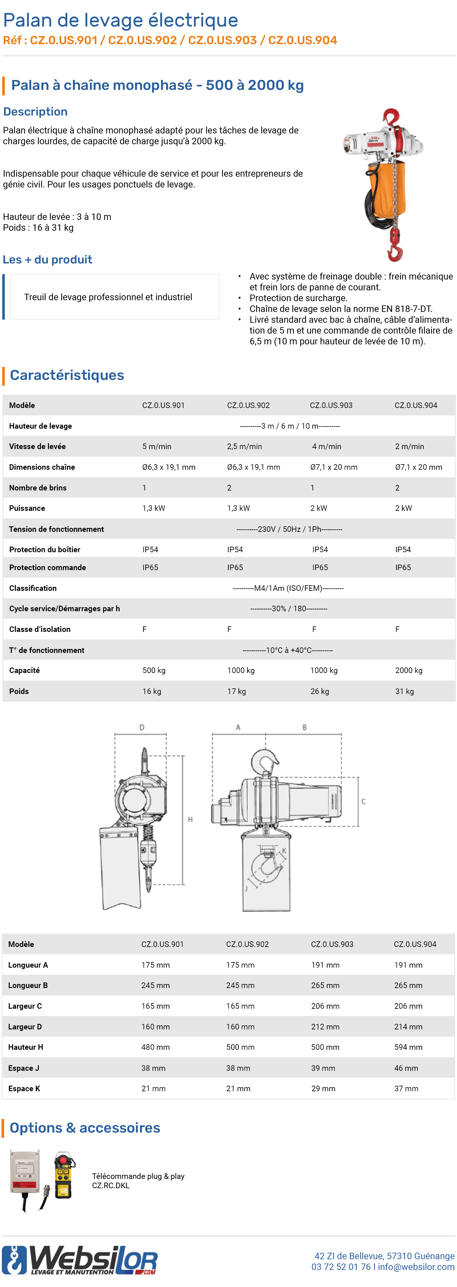 Informations techniques Palan électrique à chaine monophasé économique