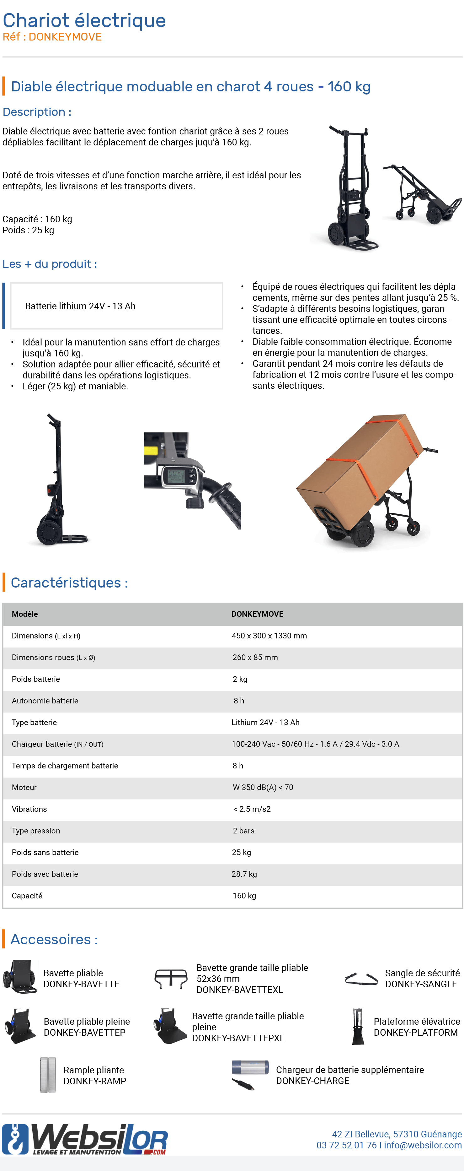 Informations techniques Diable électrique option chariot 4 roues - 160 kg