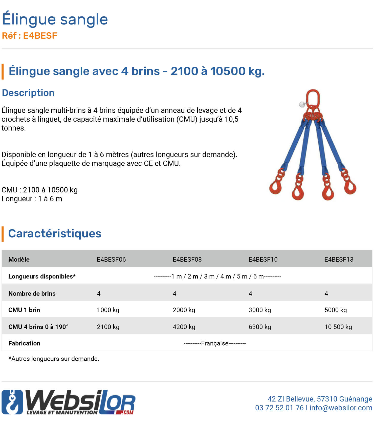 Informations technique de Elingue sangle 4 brins - 4200 kg 