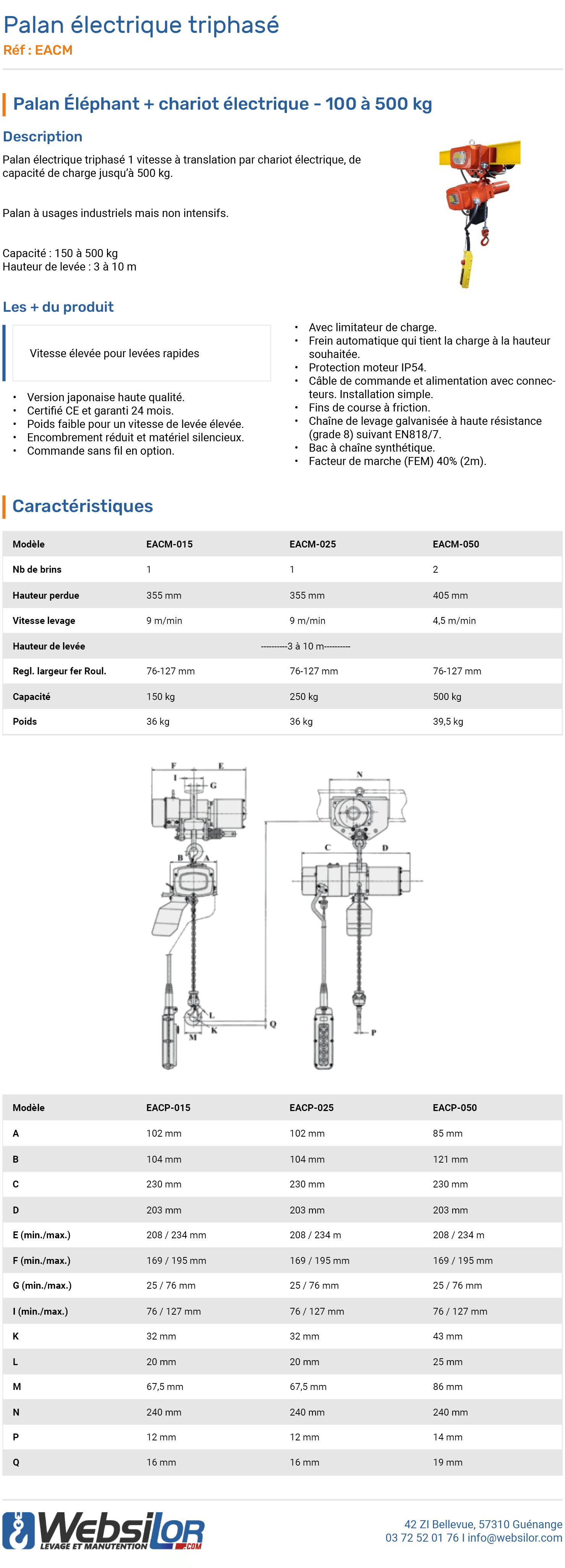 Informations techniques Petit palan et chariot électriques triphasé Elephant - 100 à 500 kg