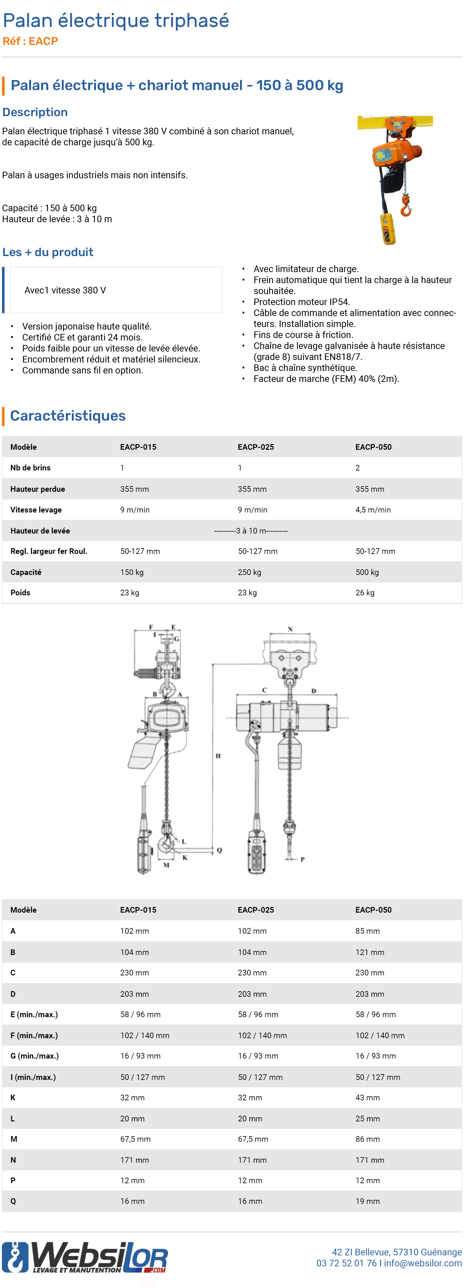 Informations techniques Petit palan électrique triphasé chariot manuel Elephant - 150 à 500 kg