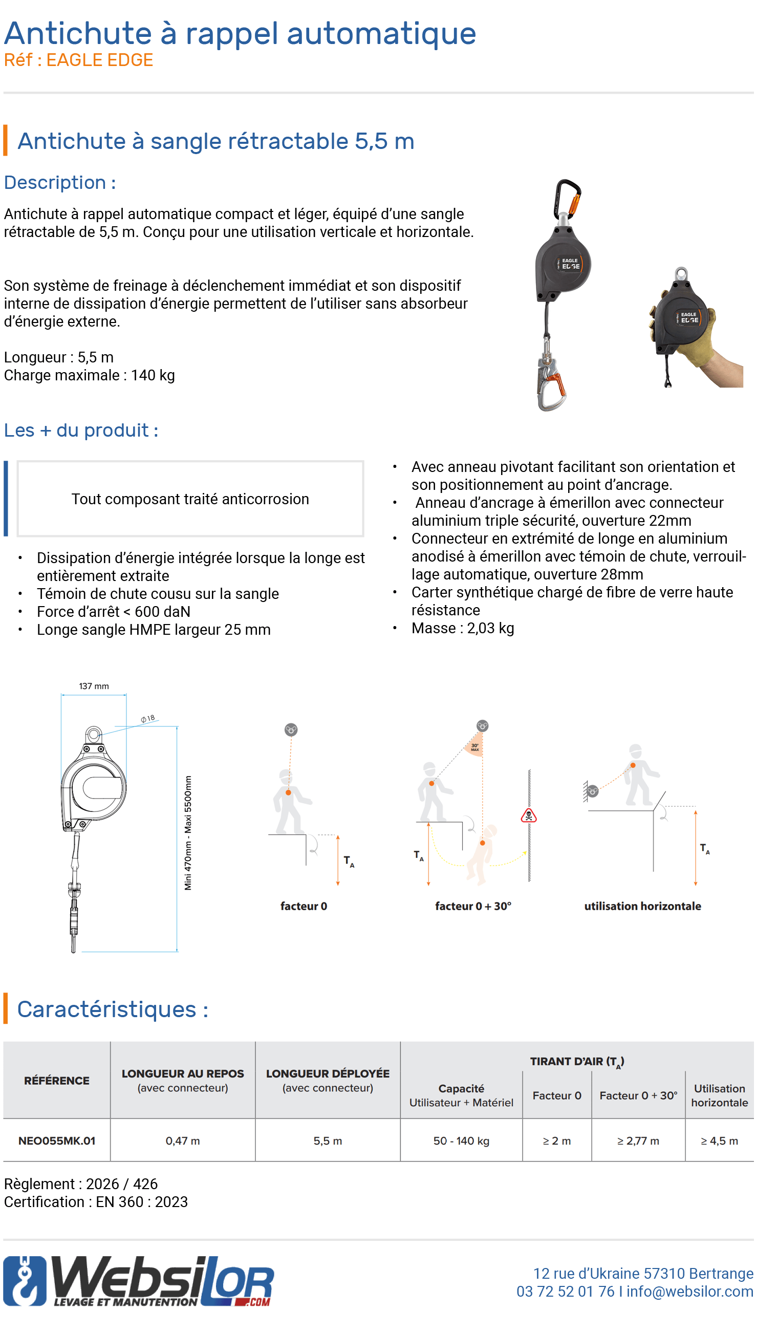 Informations techniques Antichute à rappel automatique à sangle 5,5 m