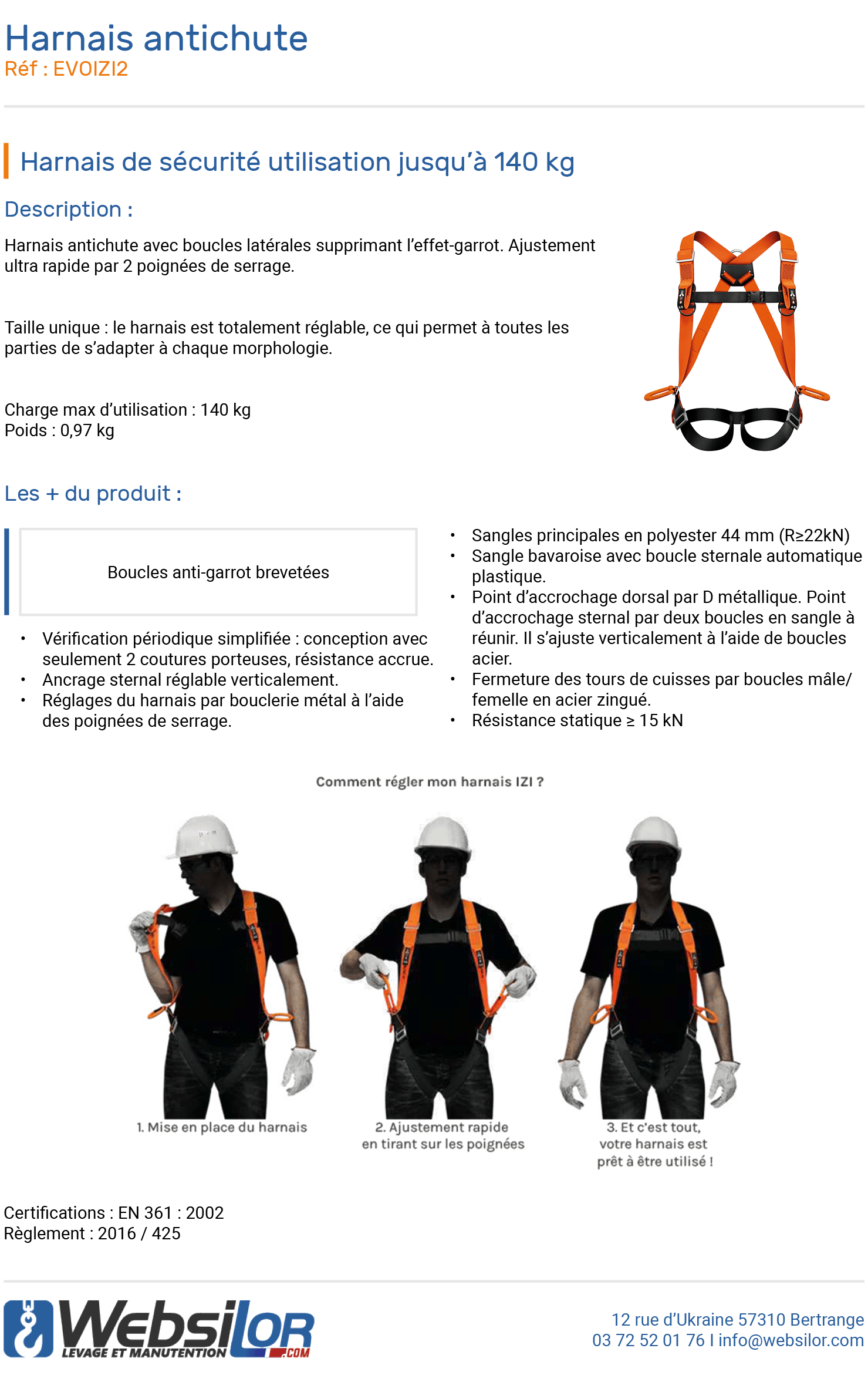 Informations techniques Harnais antichute IZI - 2 points d’attache, boucles anti-garrot