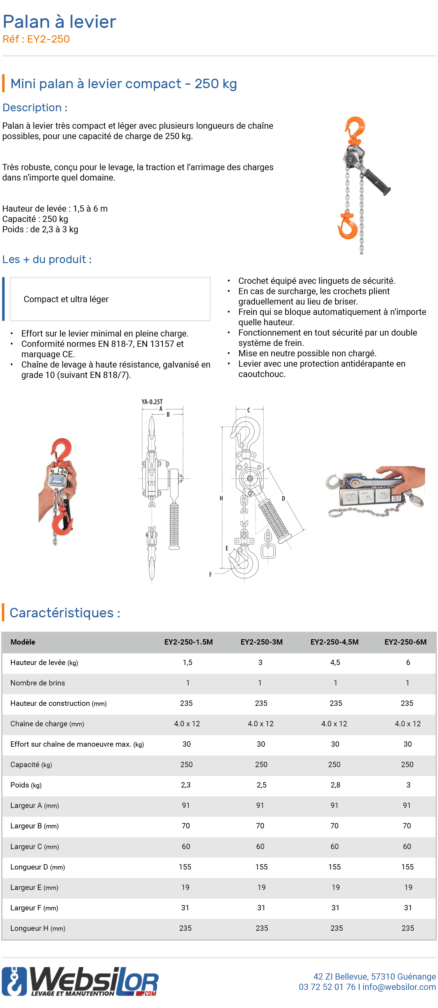 Informations techniques Mini palan à levier - 250 kg