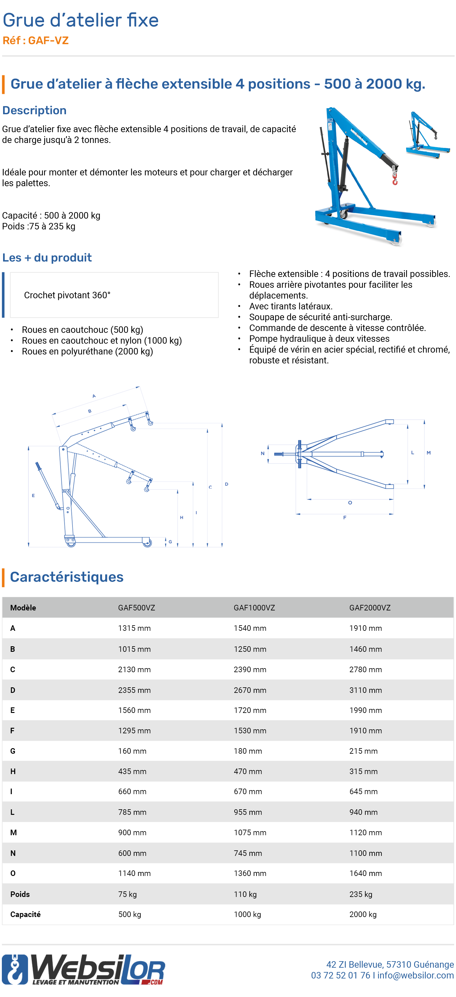 Informations techniques Grue d'atelier fixe 4 positions