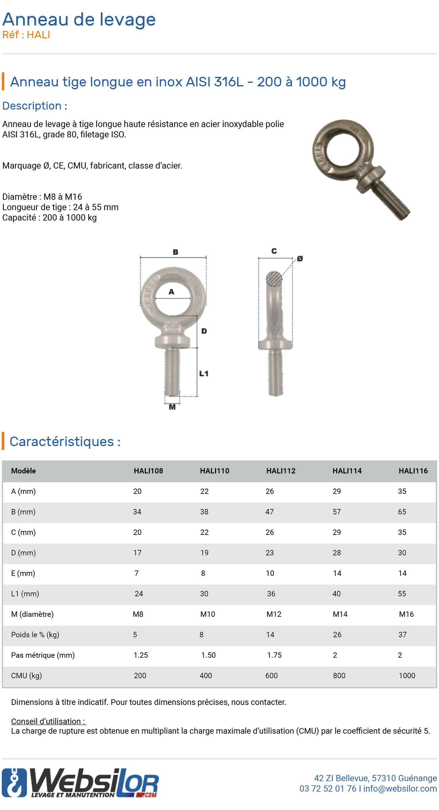 Informations techniques Anneau de levage à tige longue inox - 200 à 1000 kg