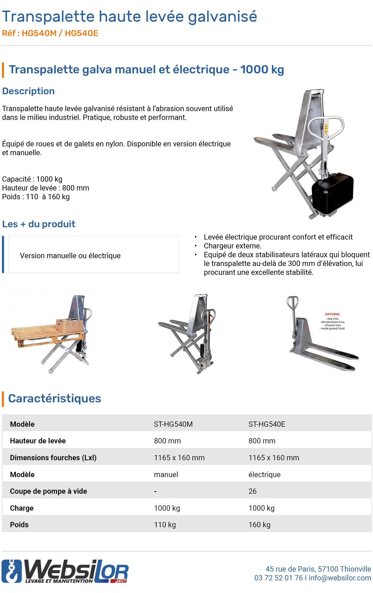 Informations technique de Transpalette haute levée électrique galvanisé 1000 kg