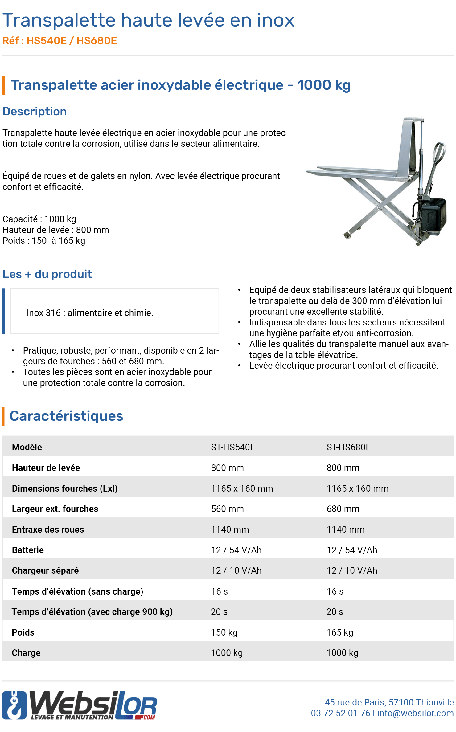 Informations technique de Transpalette haute levée électrique inox 1000 kg