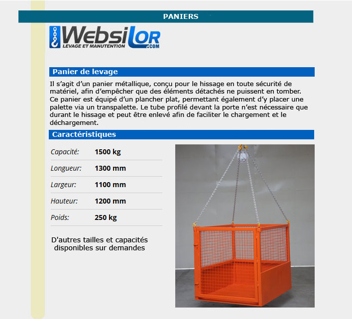 Informations techniques Panier de levage pour matériel