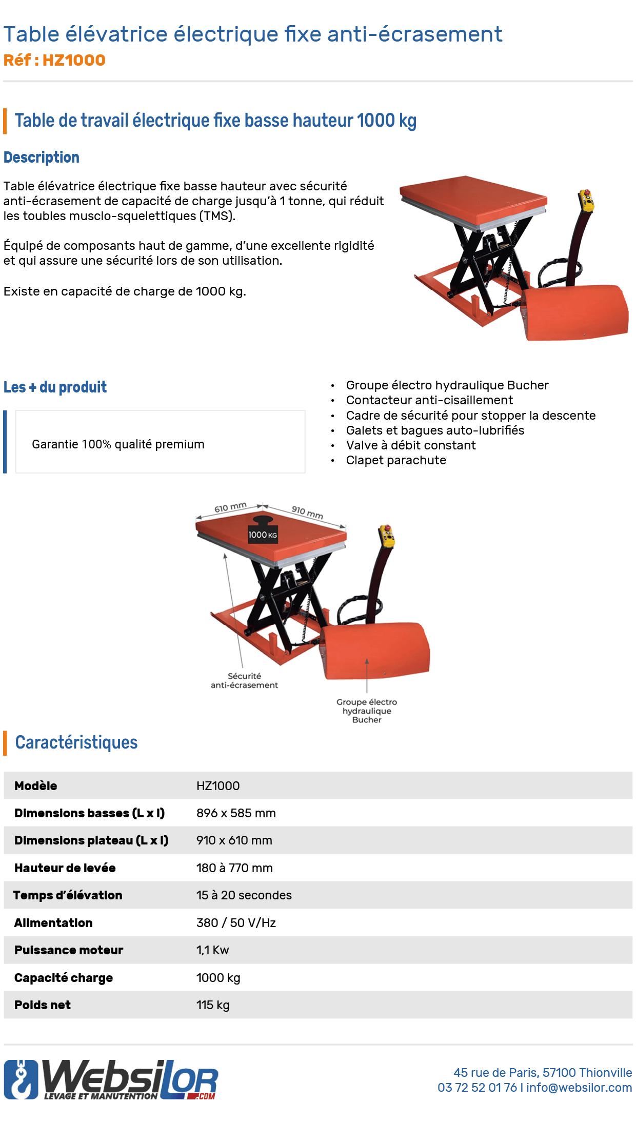 Informations techniques Table élévatrice électrique fixe basse hauteur anti-écrasement 1000 kg