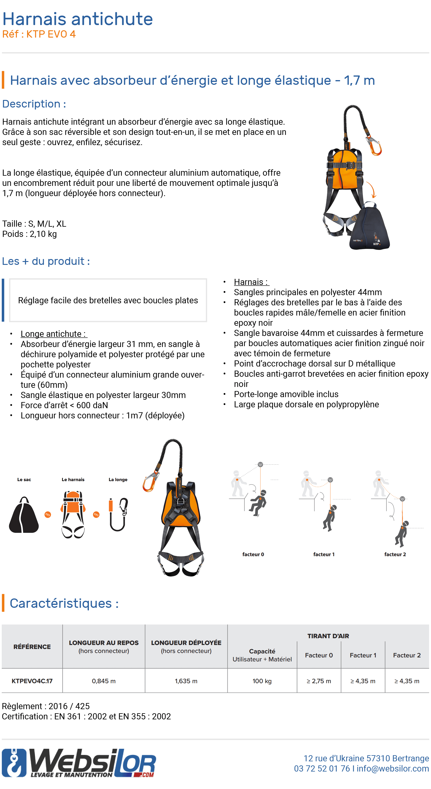 Informations techniques Harnais antichute KTP EVO 4 - longe 1 m extensible jusqu'&agrave; 2 m int&eacute;gr&eacute;e