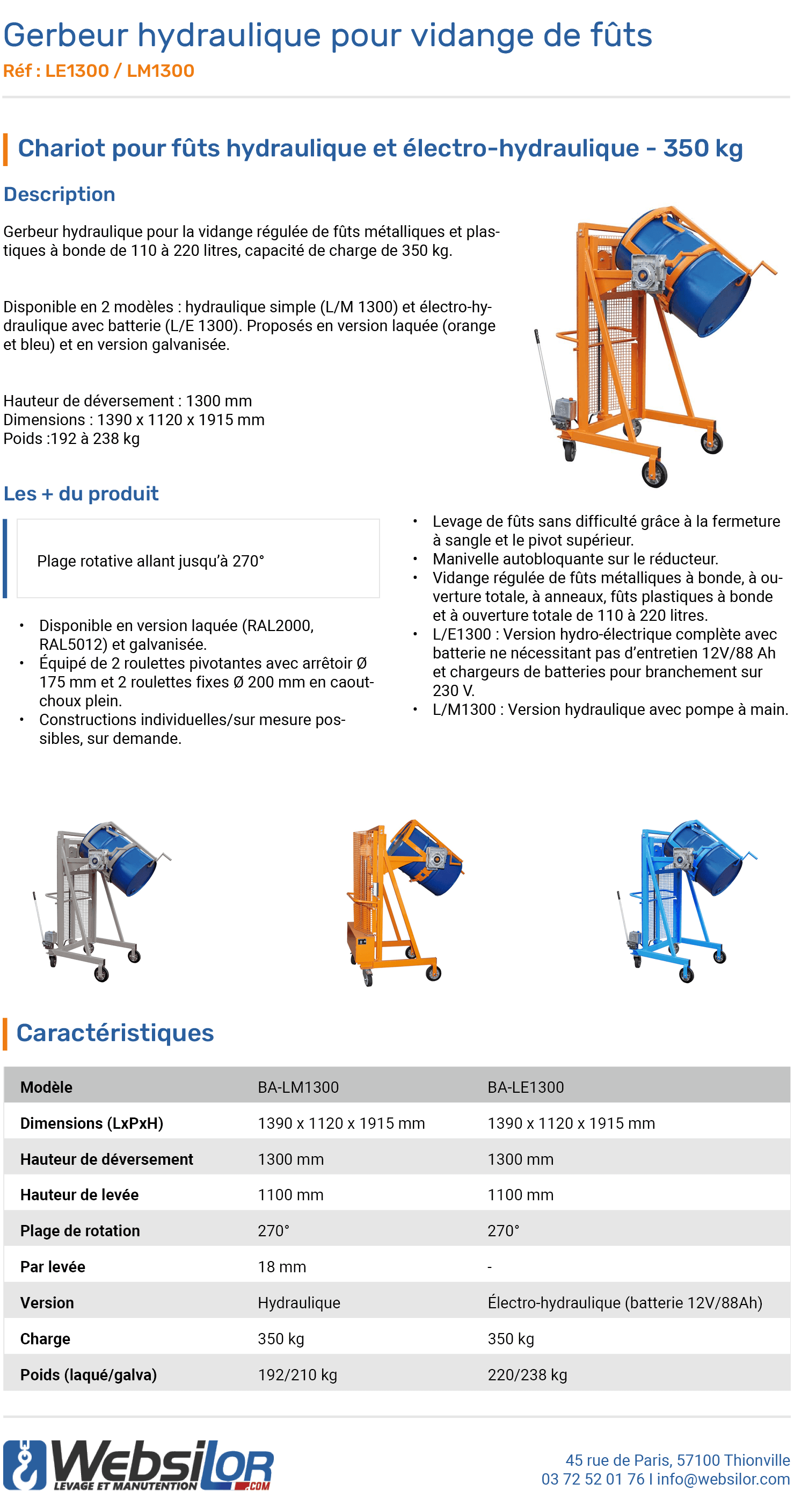 Informations techniques Gerbeur hydraulique pour vidange de fûts 350 kg