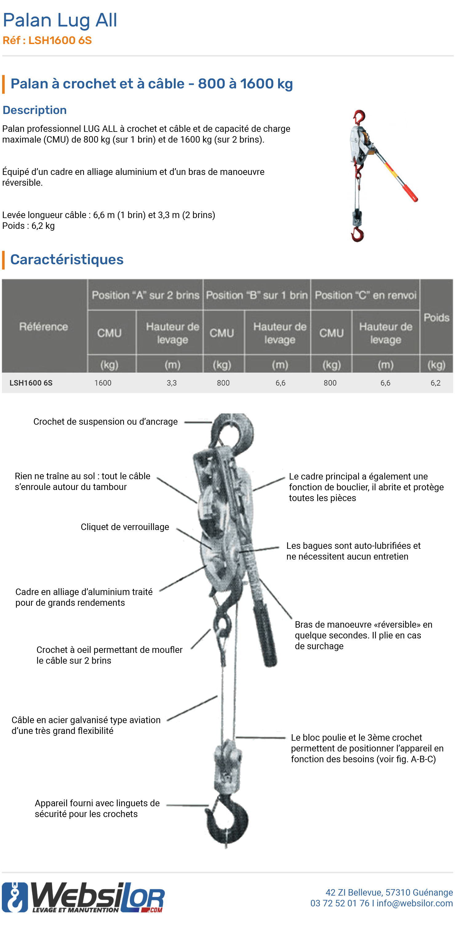 Informations techniques Lug all - 800/1600kg - cable 6.6 m