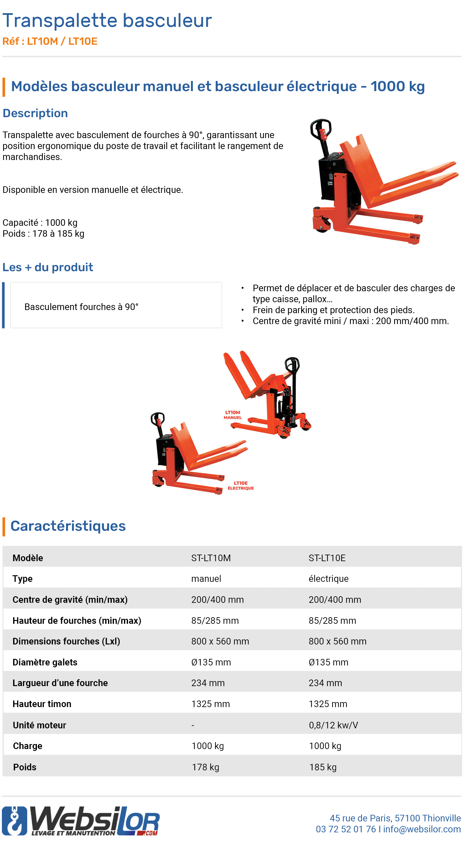 Informations techniques Transpalette basculeur électrique - 1000 kg