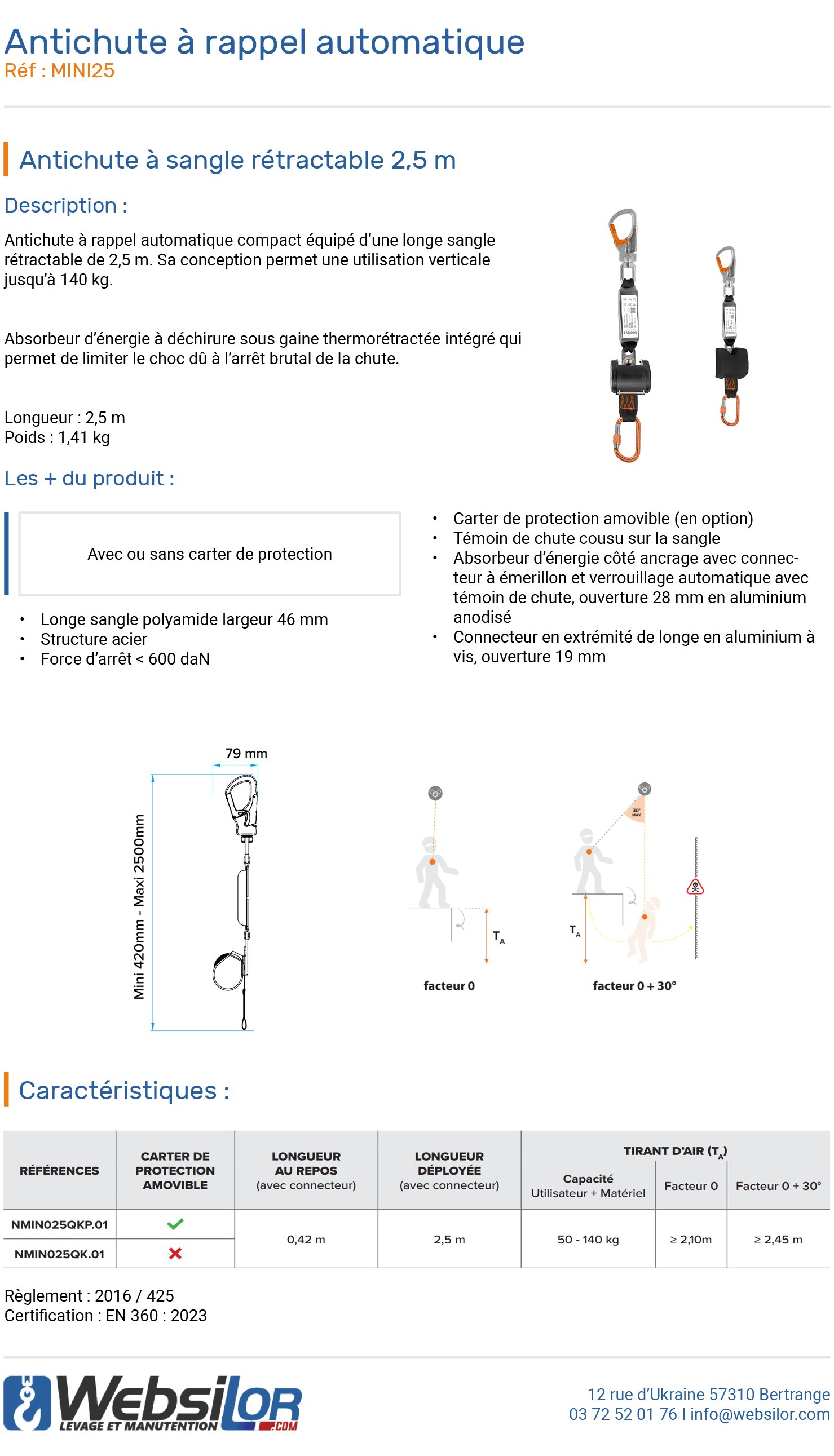 Informations technique de Antichute &agrave; rappel automatique &agrave; sangle 2,5 m